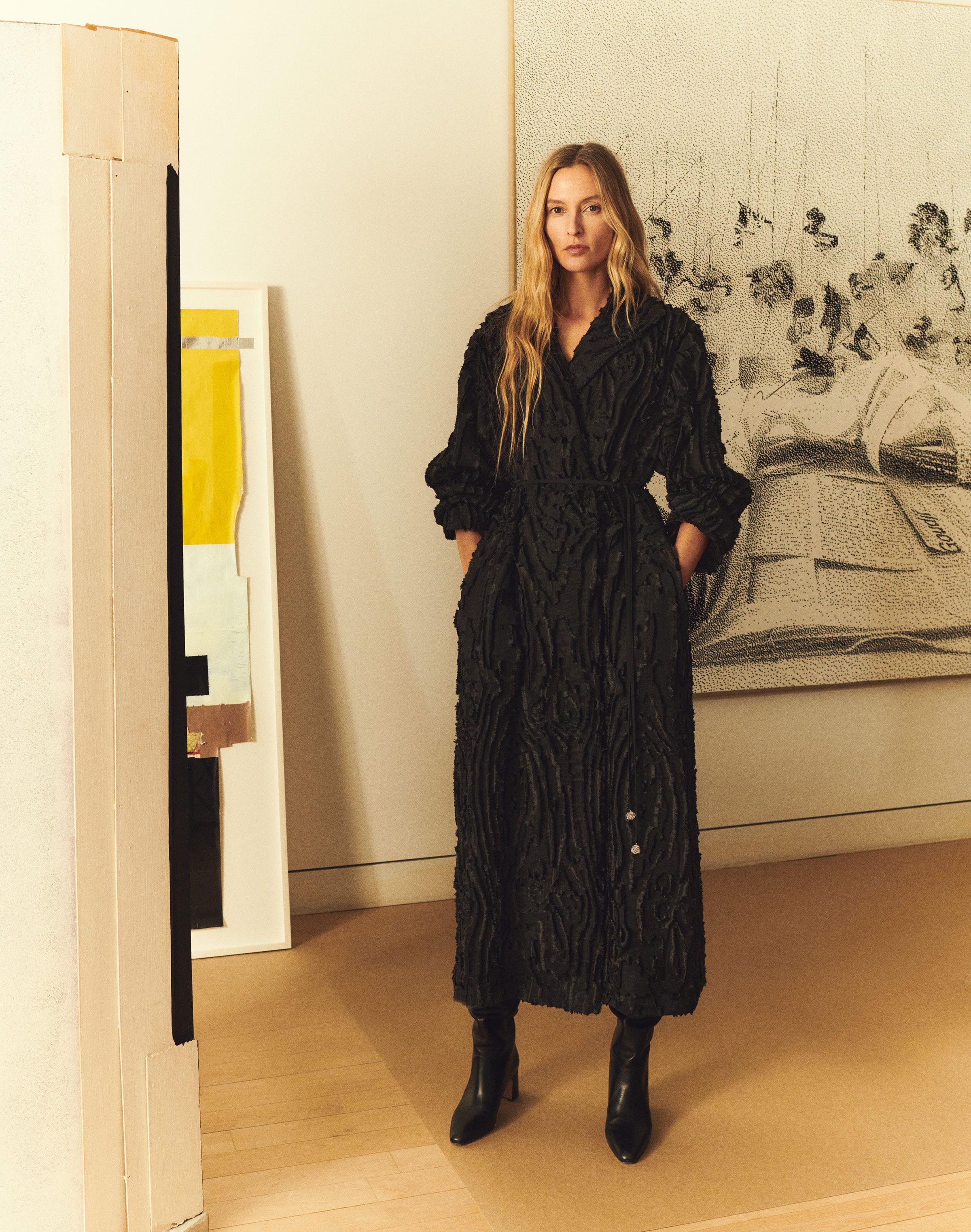 Wood Grooves Viscose-Silk Clipped Jacquard Longline Coat