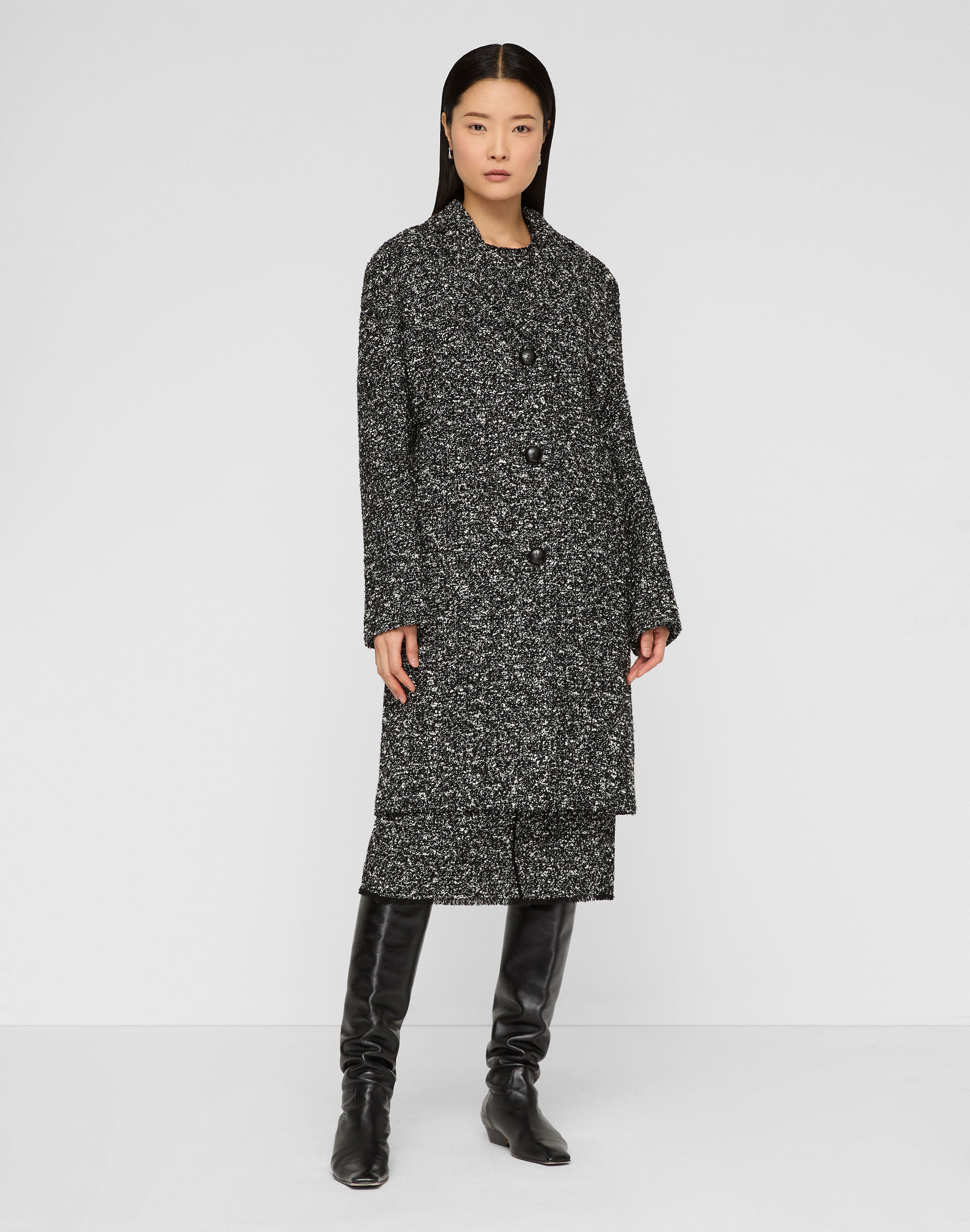 Wool-Cotton Bouclé Tweed Three Button Coat