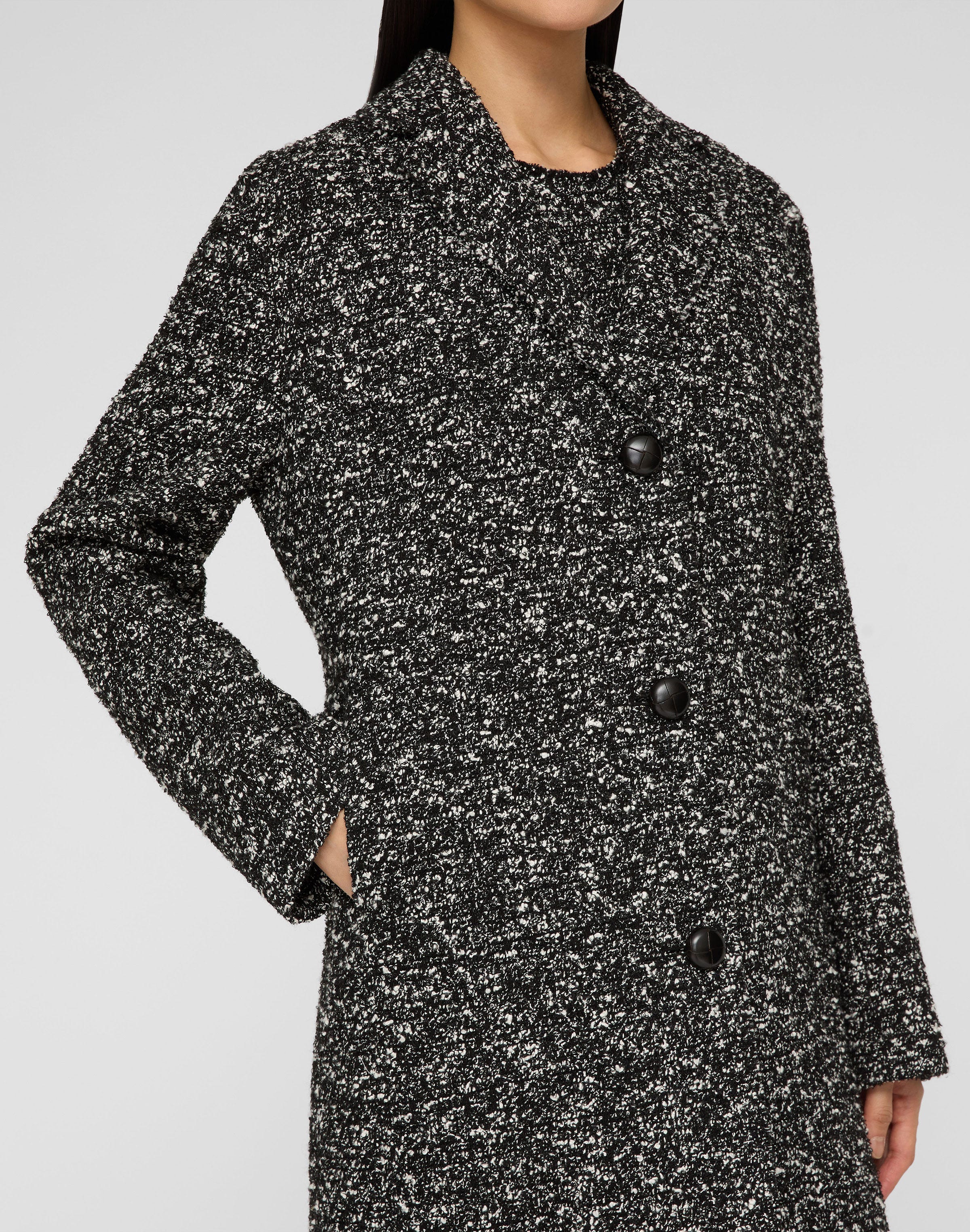 Wool-Cotton Bouclé Tweed Three Button Coat