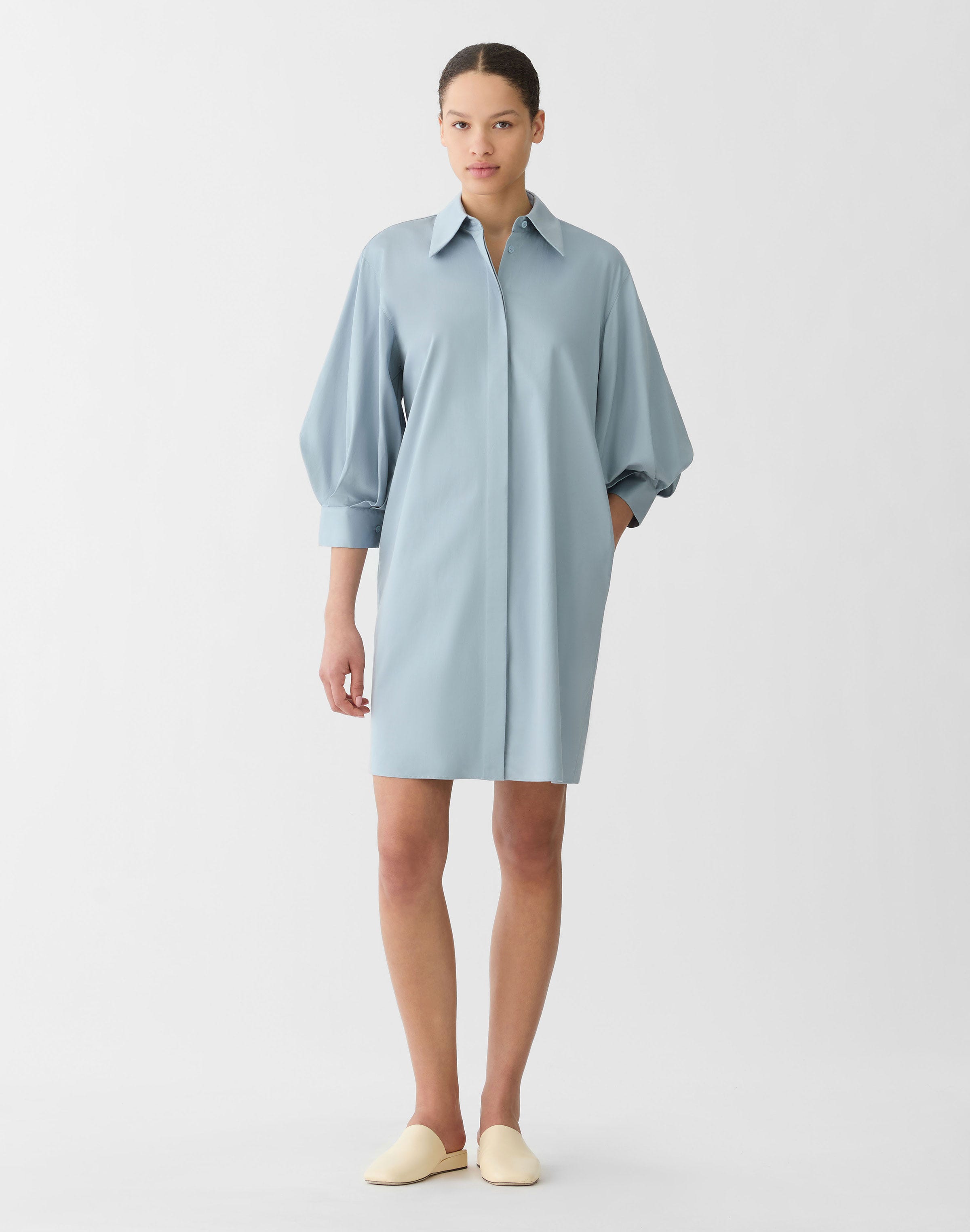 Cotton Satin Lantern Sleeve Shirtdress