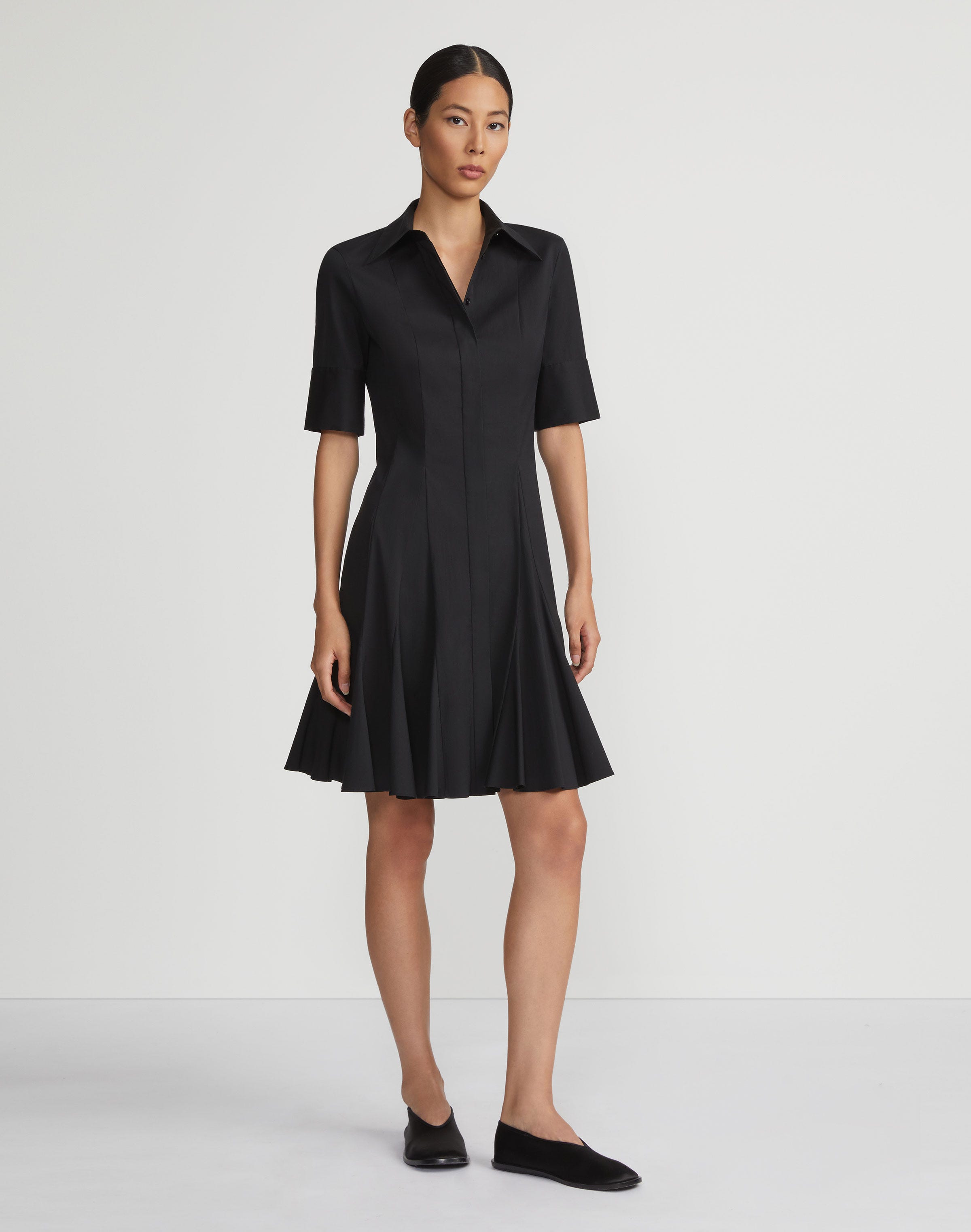 Stretch Cotton Godet Peplum Shirtdress