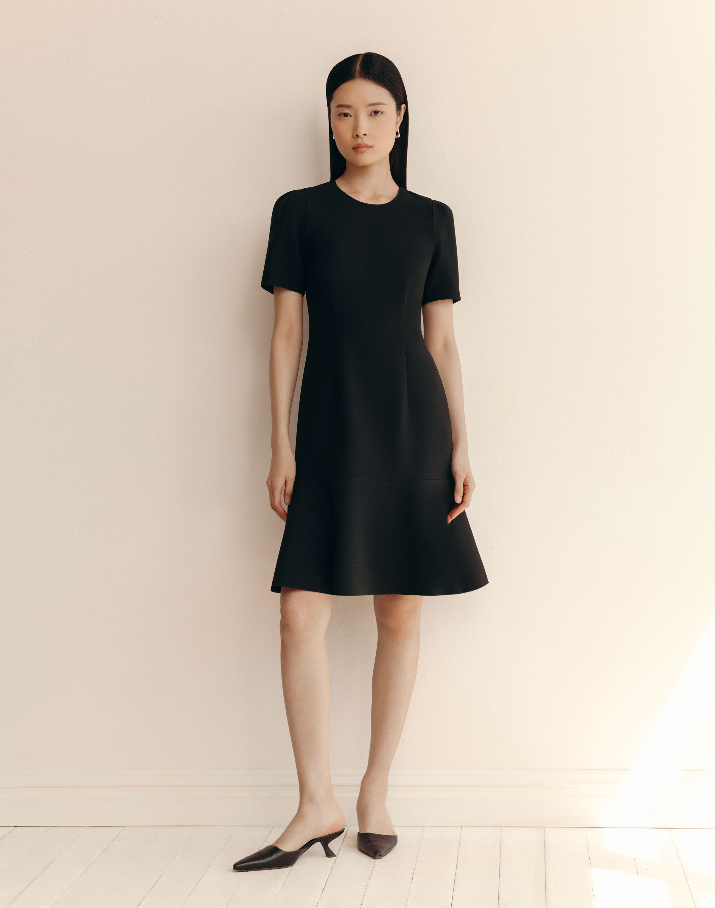 Wool-Silk Crepe Short Sleeve Dress