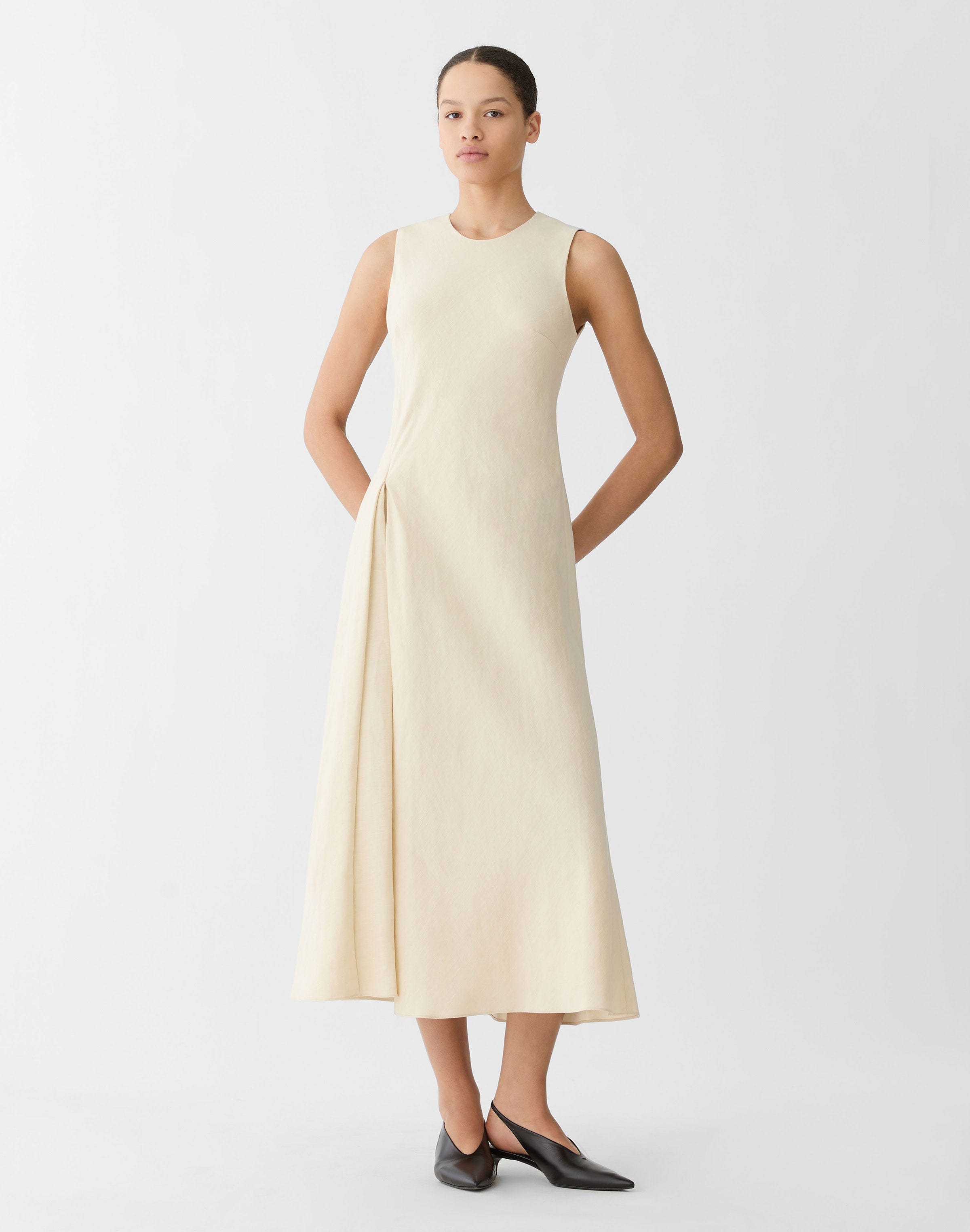 Linen-Viscose Pleat Front Asymmetric Dress