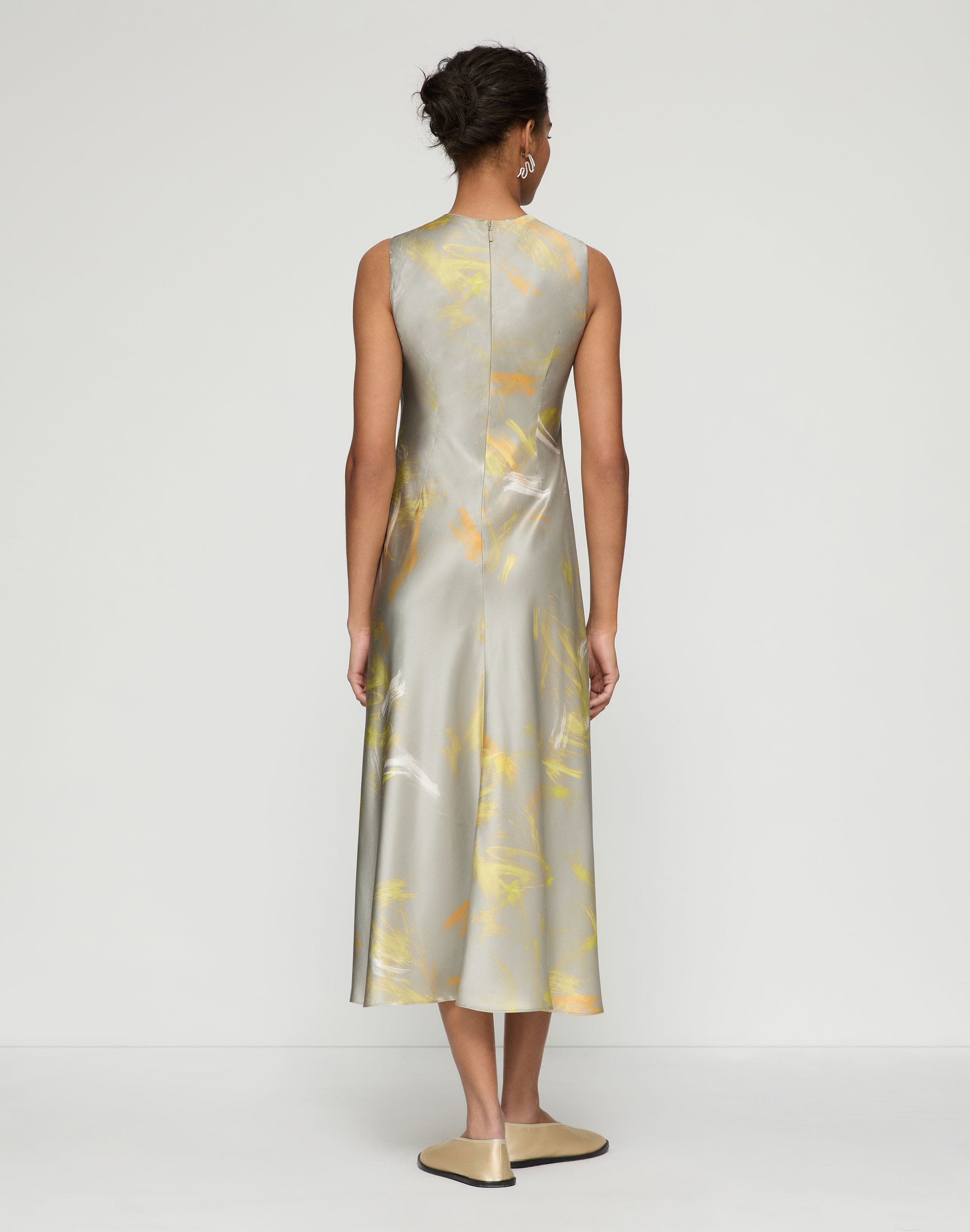 Pastel Smudge Print Silk Satin Asymmetric Dress
