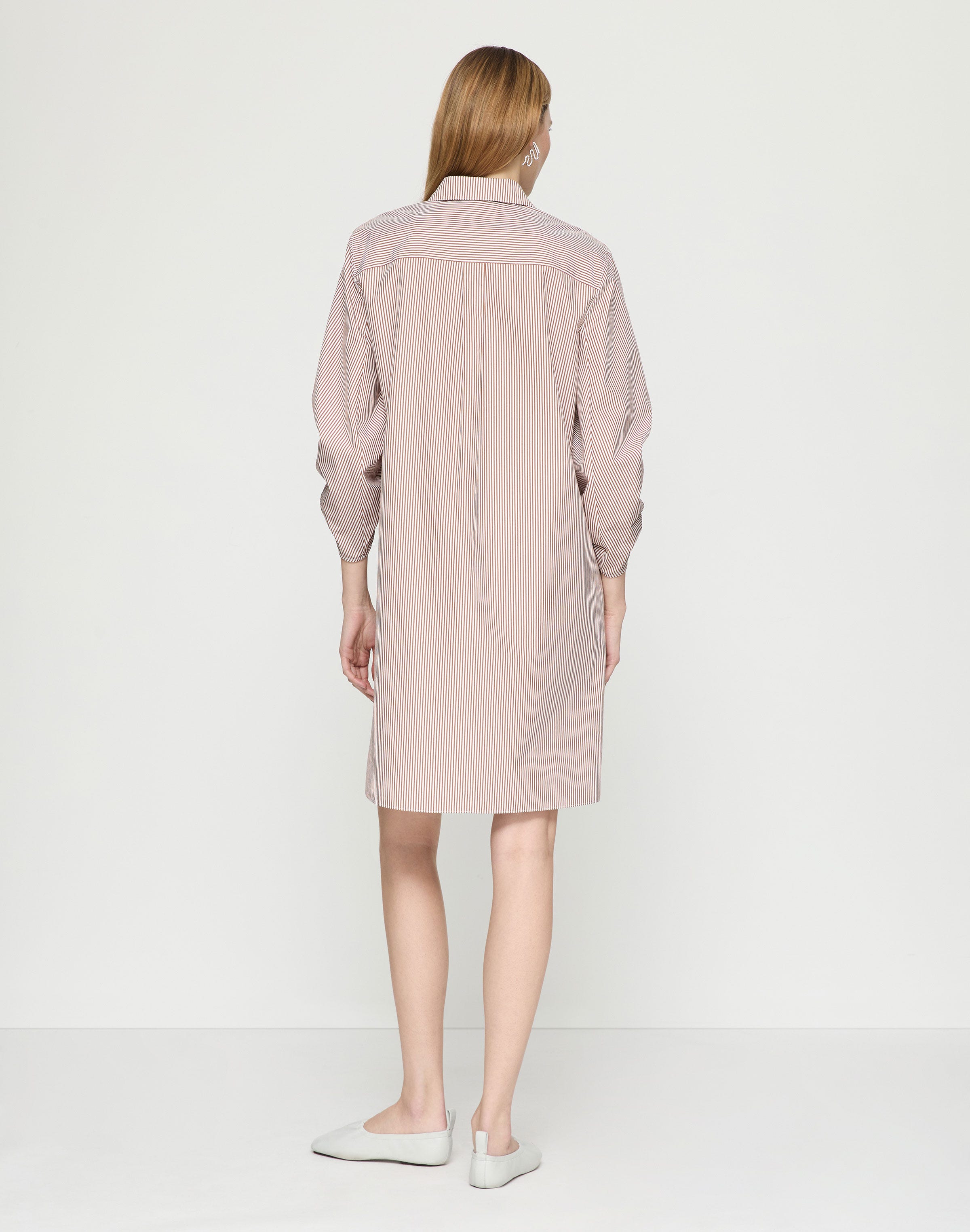 Stripe Cotton Ruched Sleeve Shirtdress
