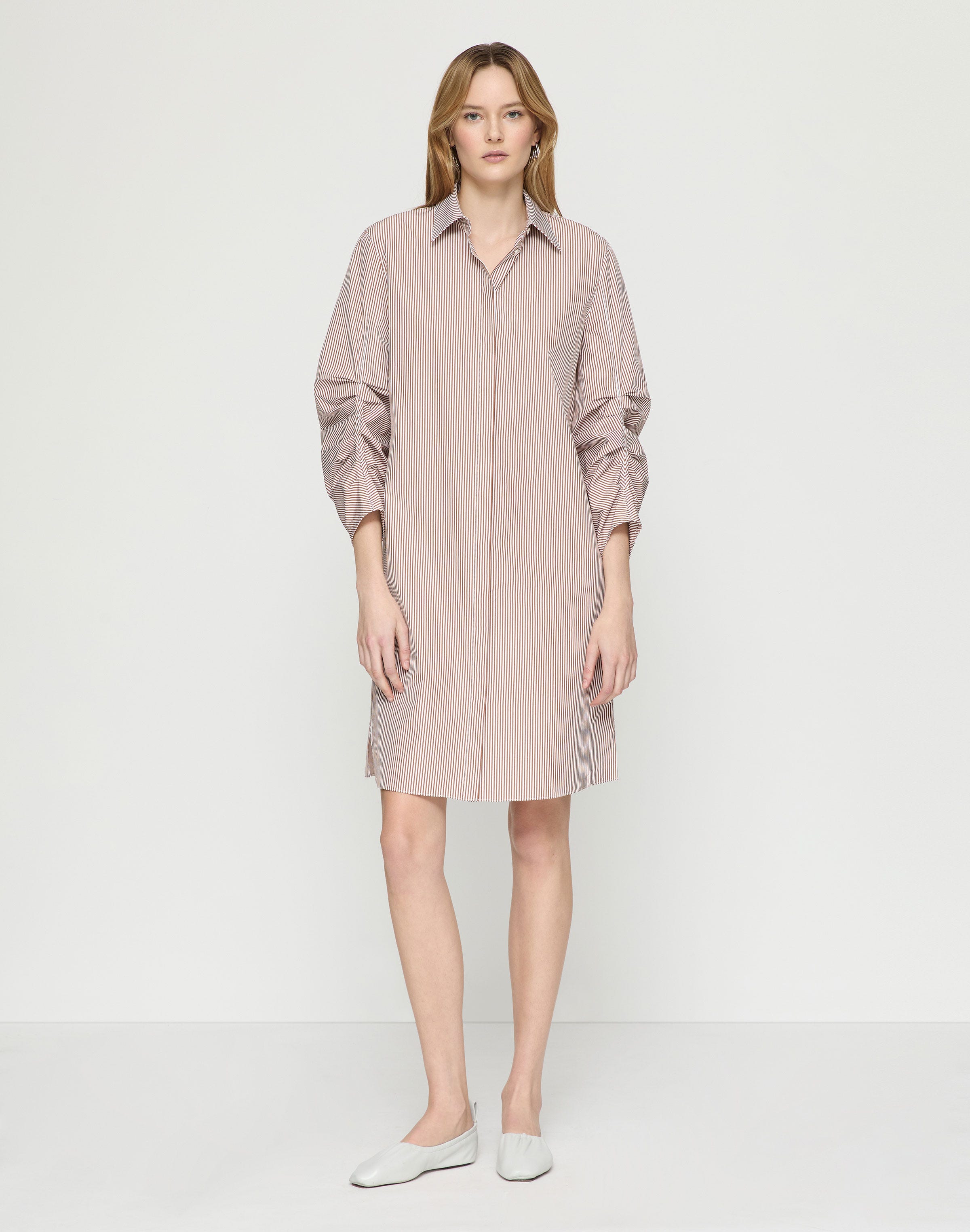 Stripe Cotton Ruched Sleeve Shirtdress