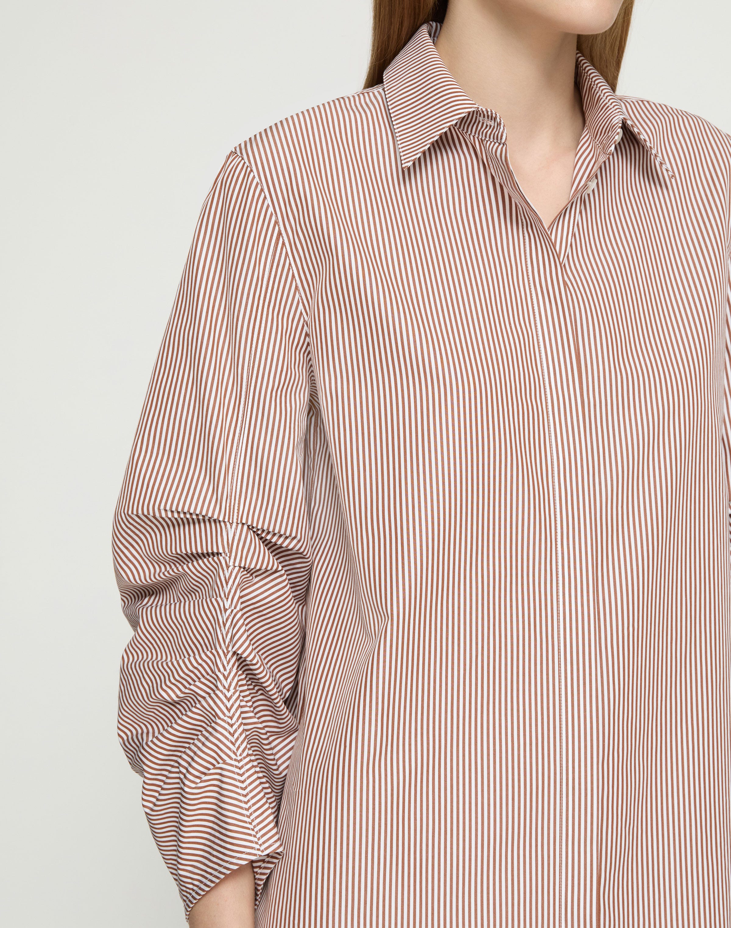 Stripe Cotton Ruched Sleeve Shirtdress