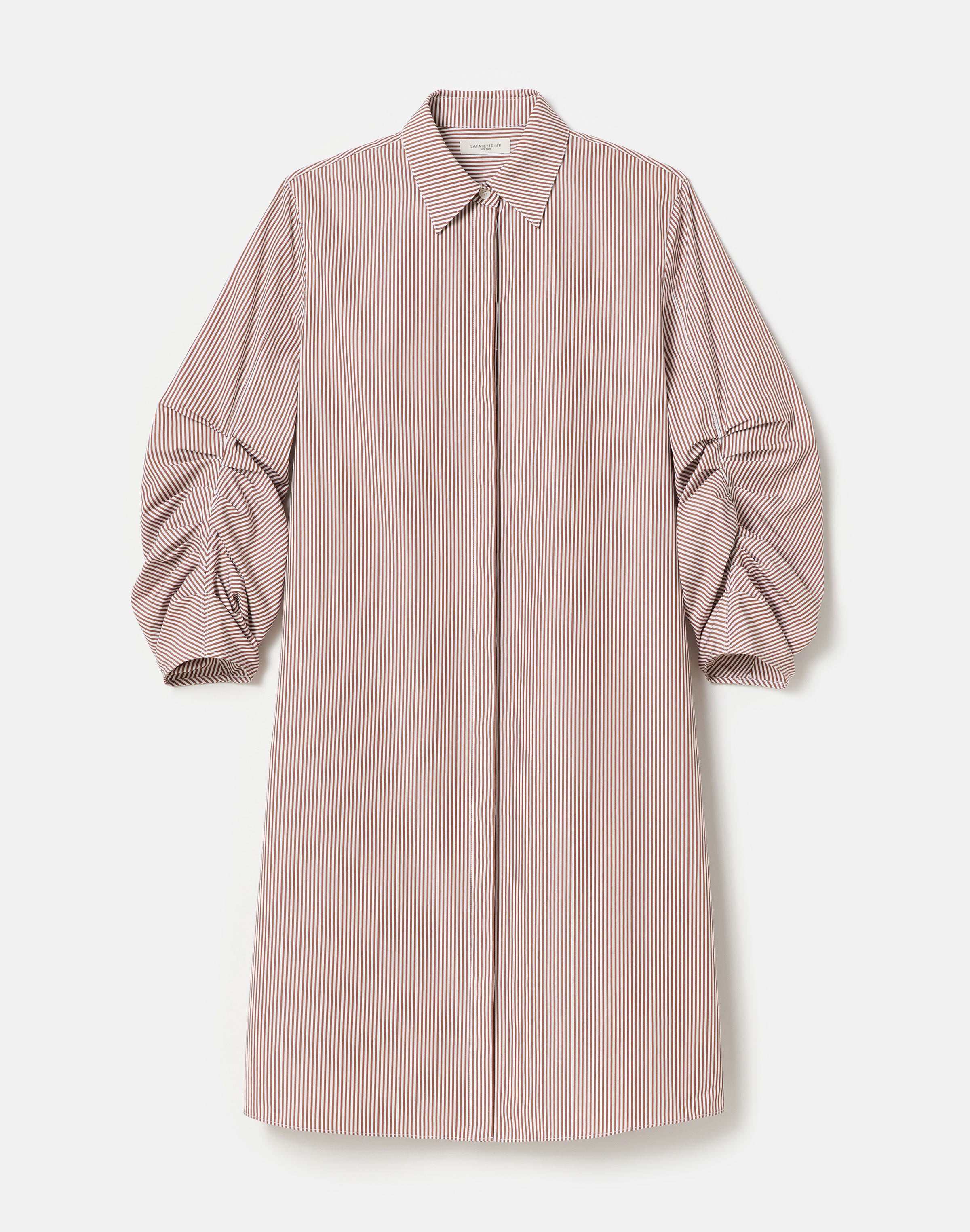 Stripe Cotton Ruched Sleeve Shirtdress