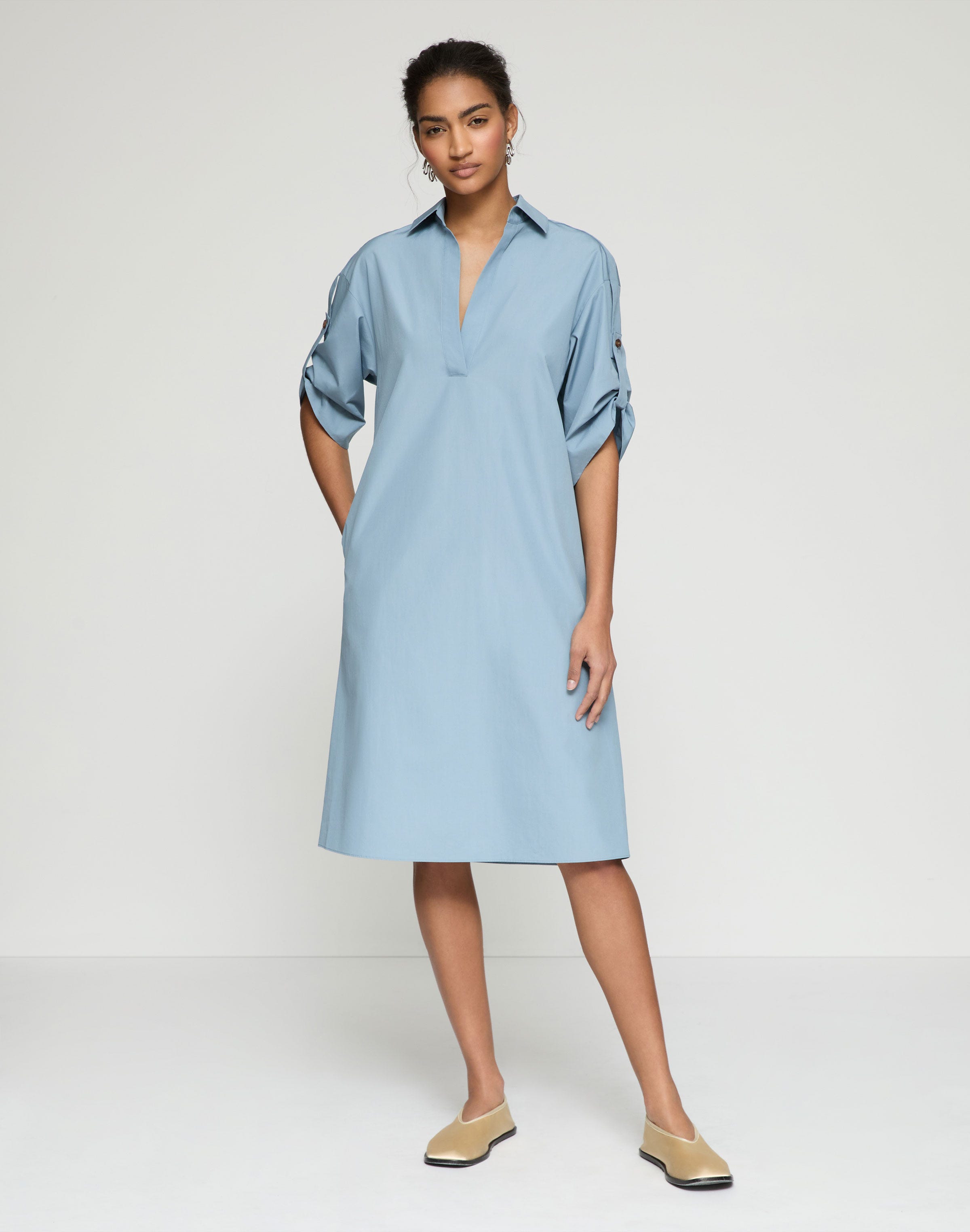 Organic Cotton Poplin Tab Sleeve Popover Dress