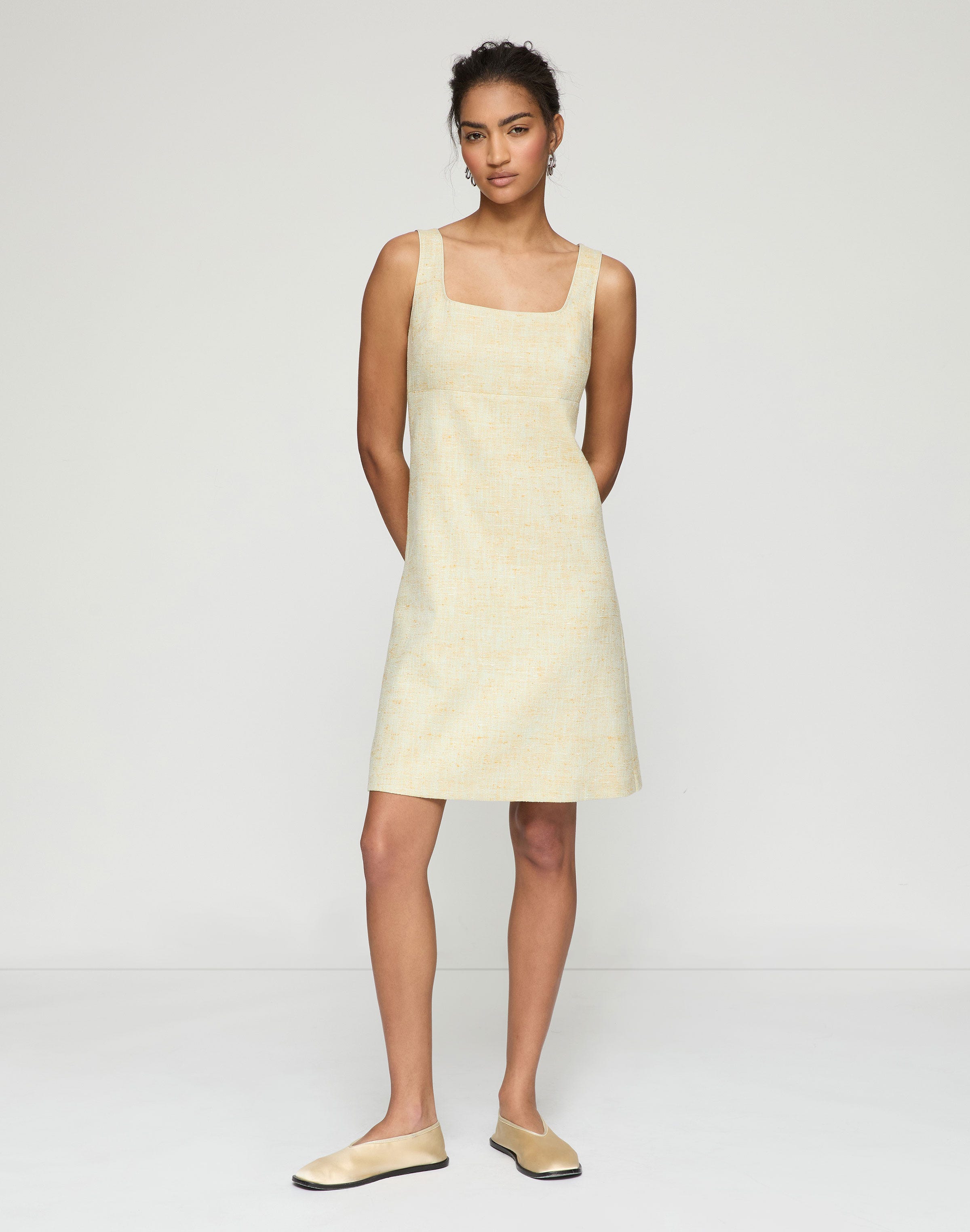 Pastel Dust Tweed Square Neck A-Line Dress