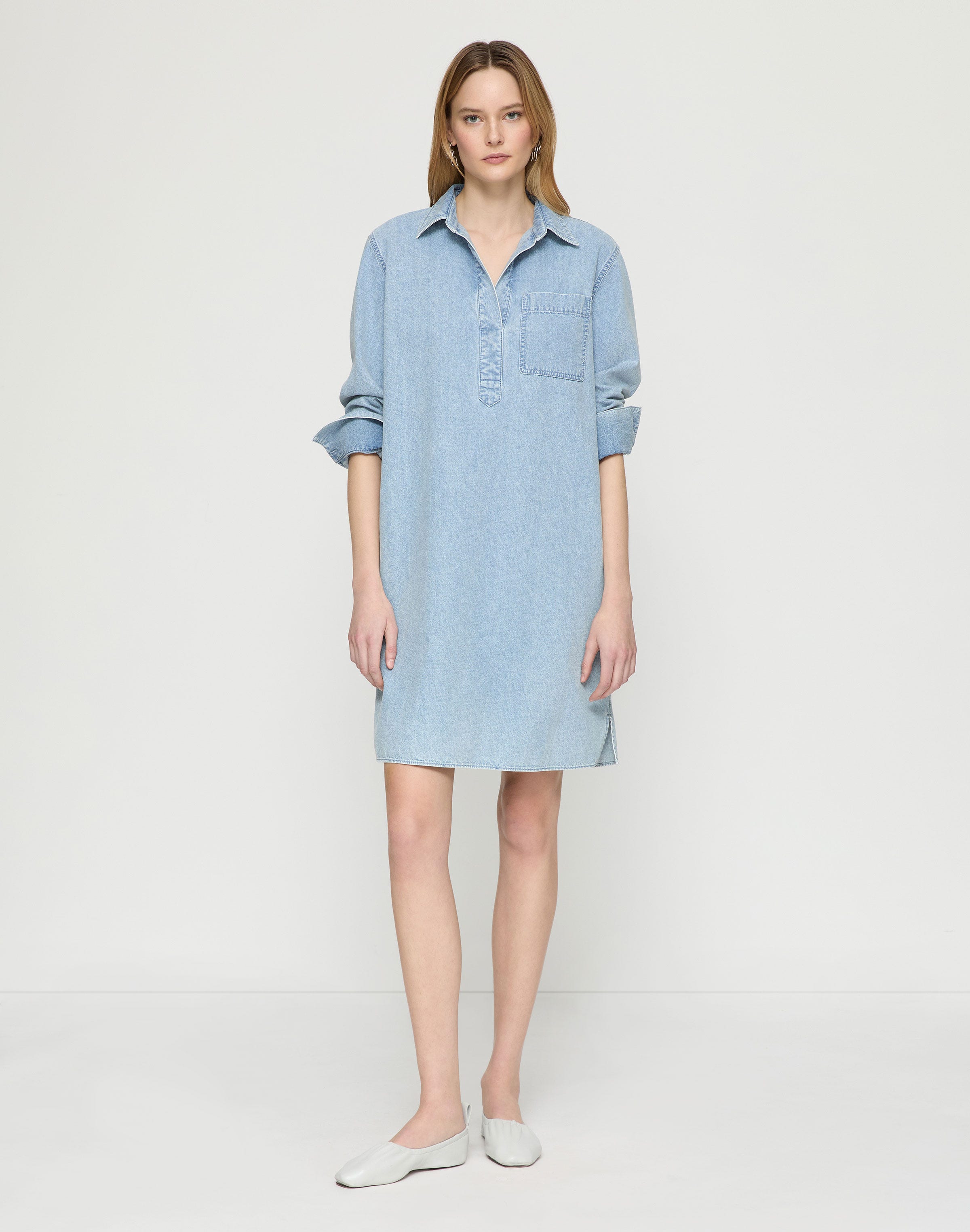 Lightweight Denim Patch Pocket Popover Dress