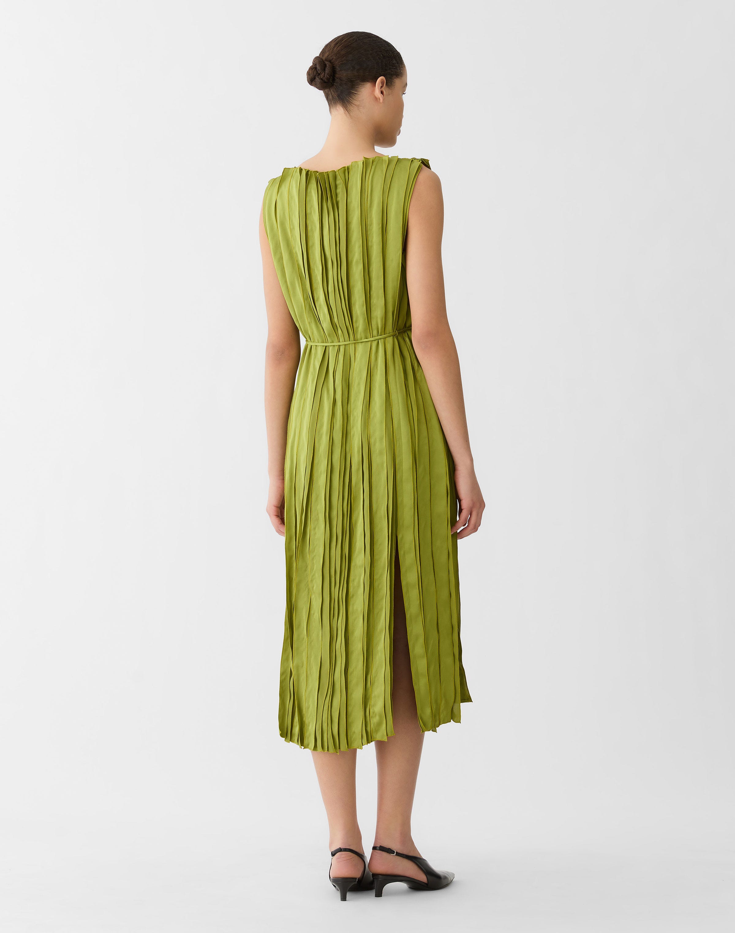 Glossy Pleated Belted Dress