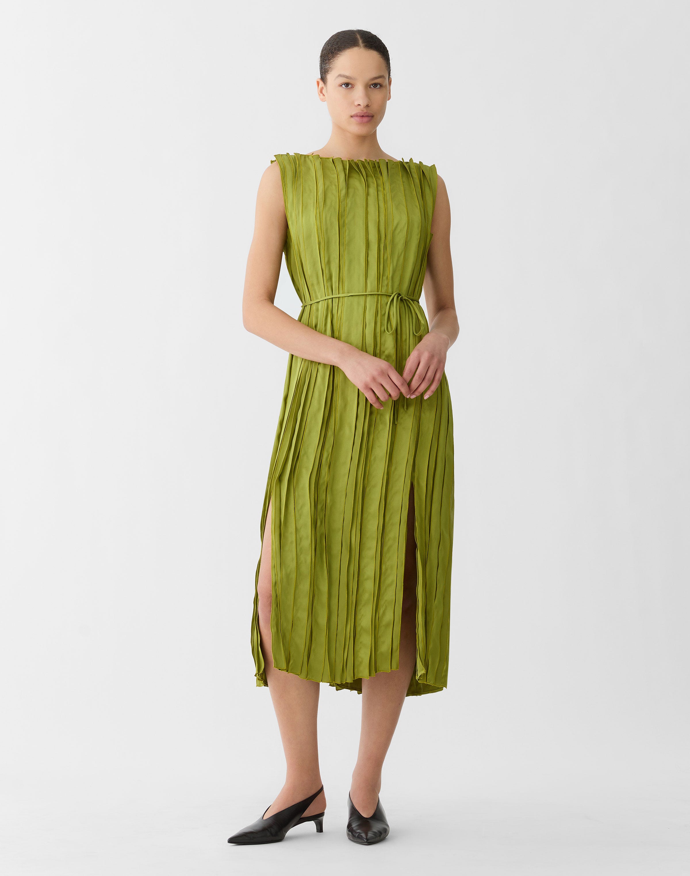 Glossy Pleated Belted Dress