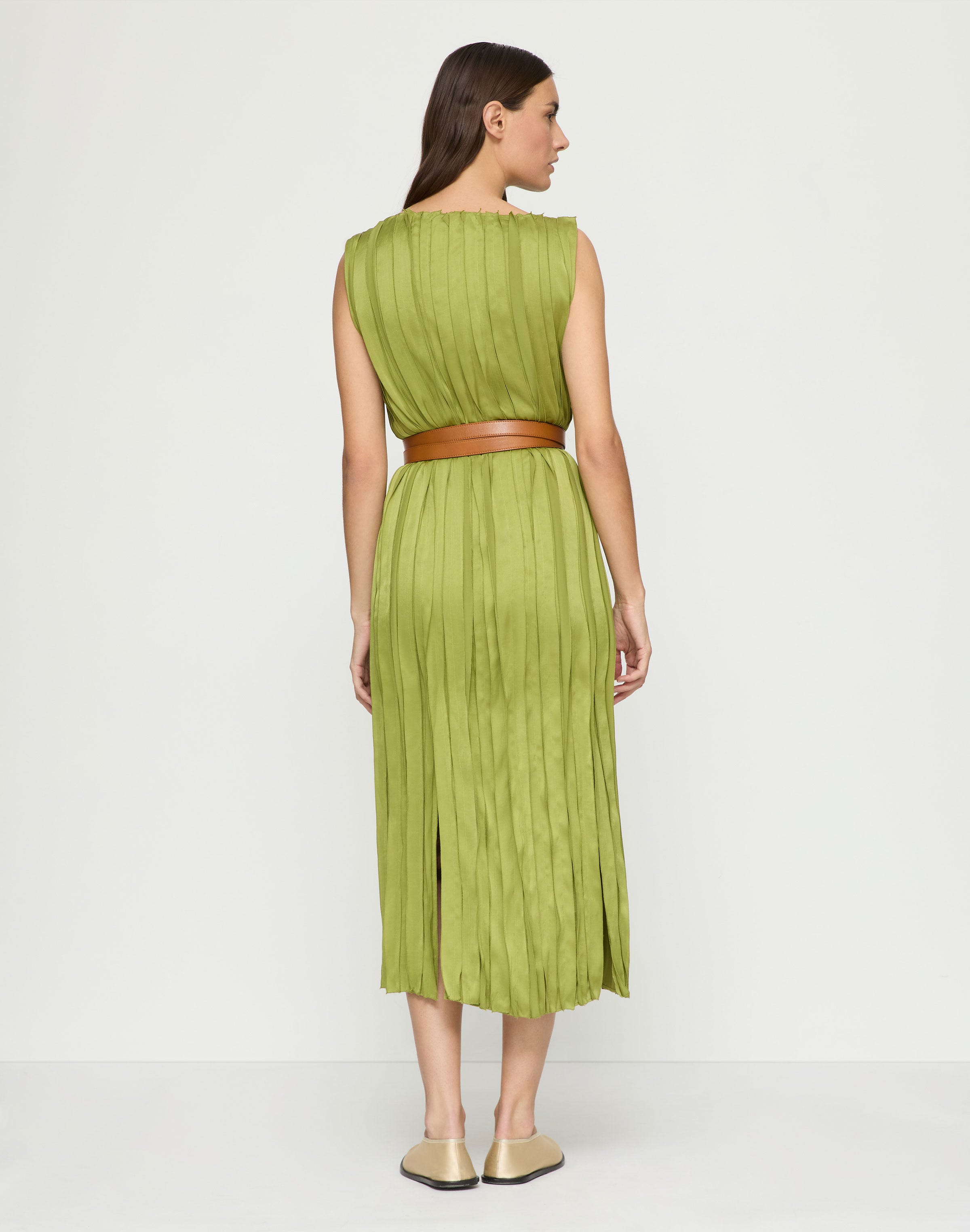 Glossy Pleated Belted Dress