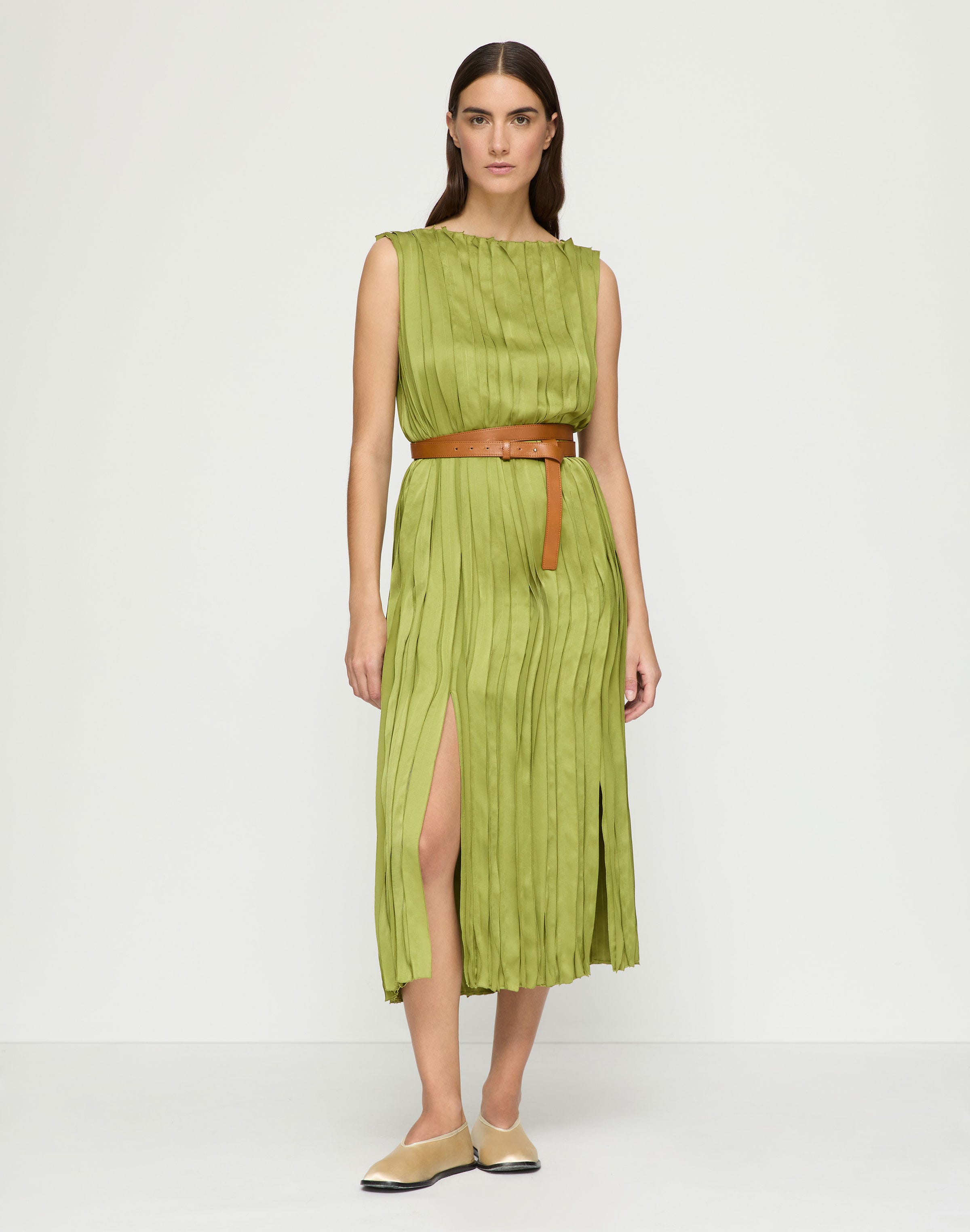 Glossy Pleated Belted Dress