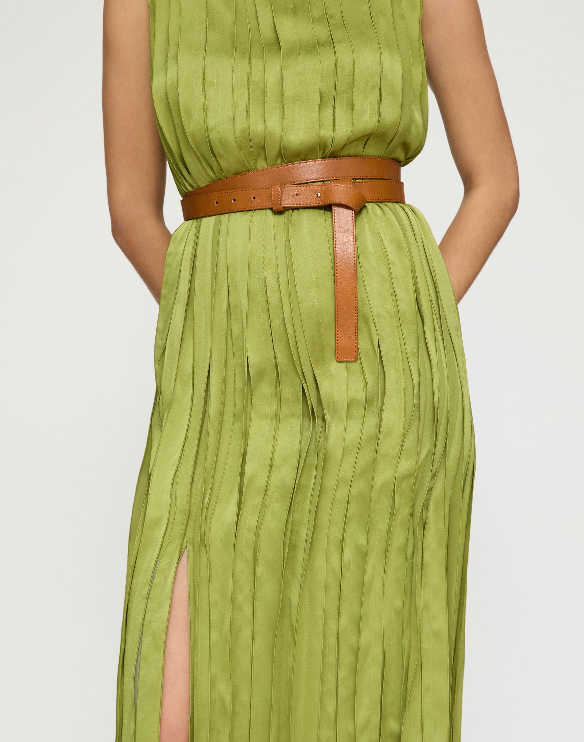 Glossy Pleated Belted Dress