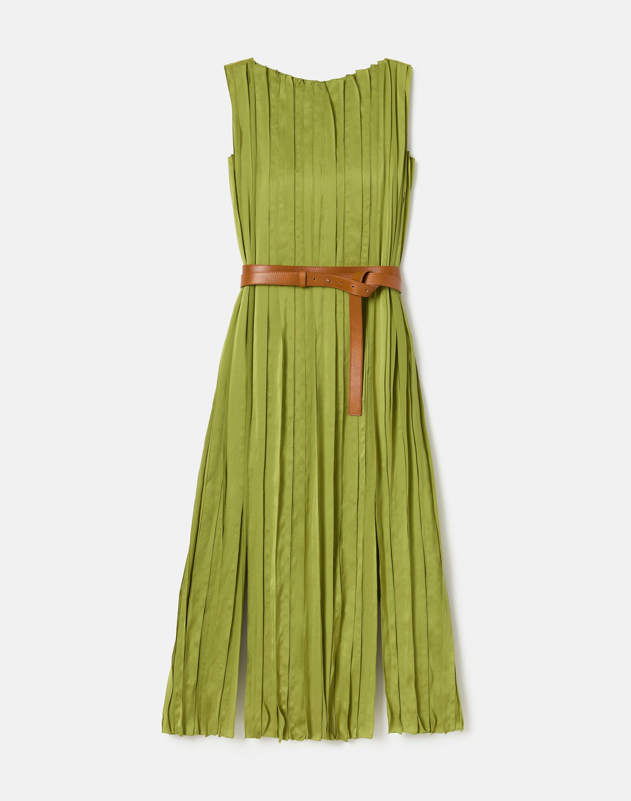Glossy Pleated Belted Dress