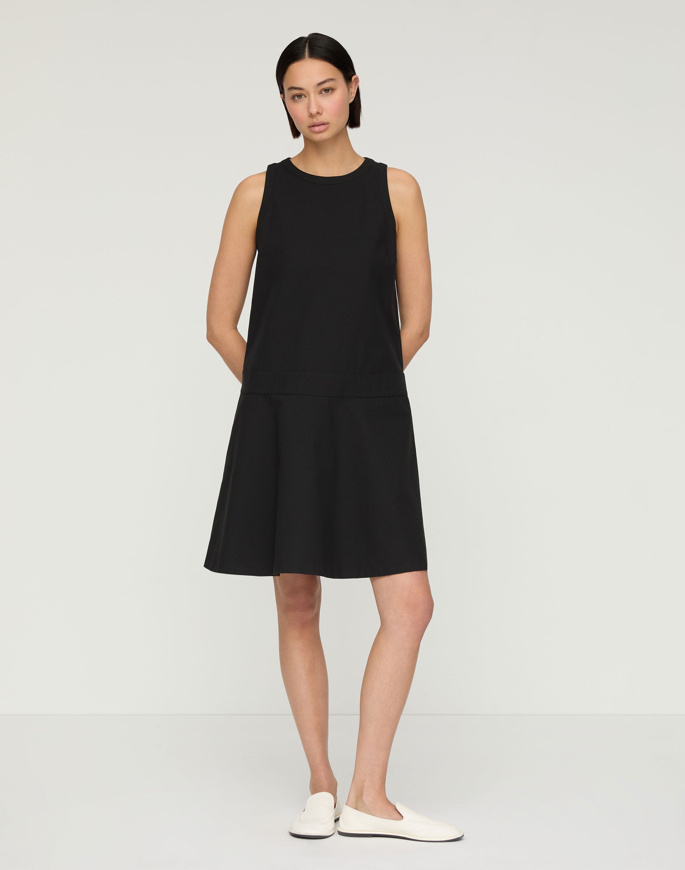 Techno Stretch Twill Sleeveless Drop Waist Dress