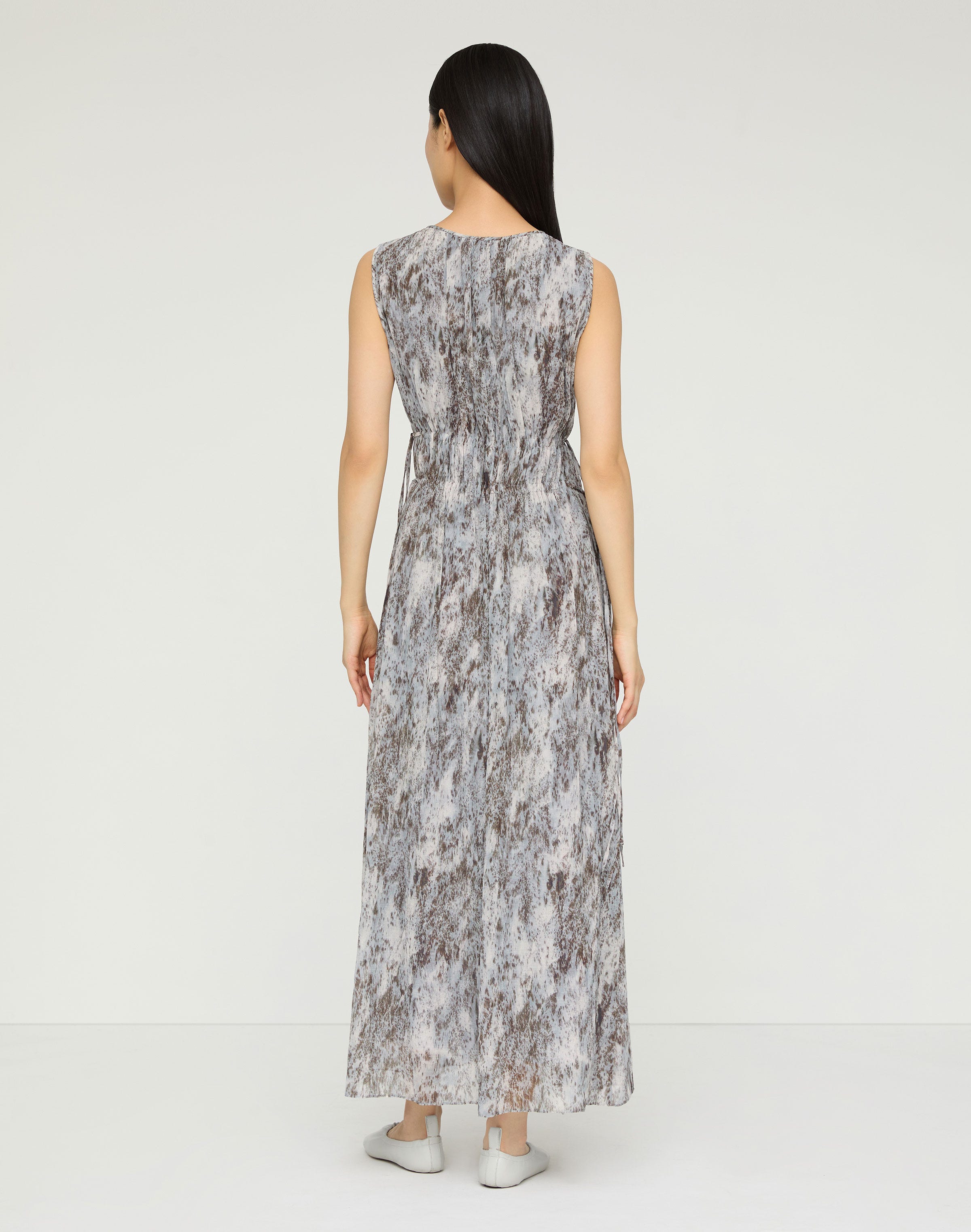 Speckled Glaze Print Georgette Sleeveless Gathered Waist Dress