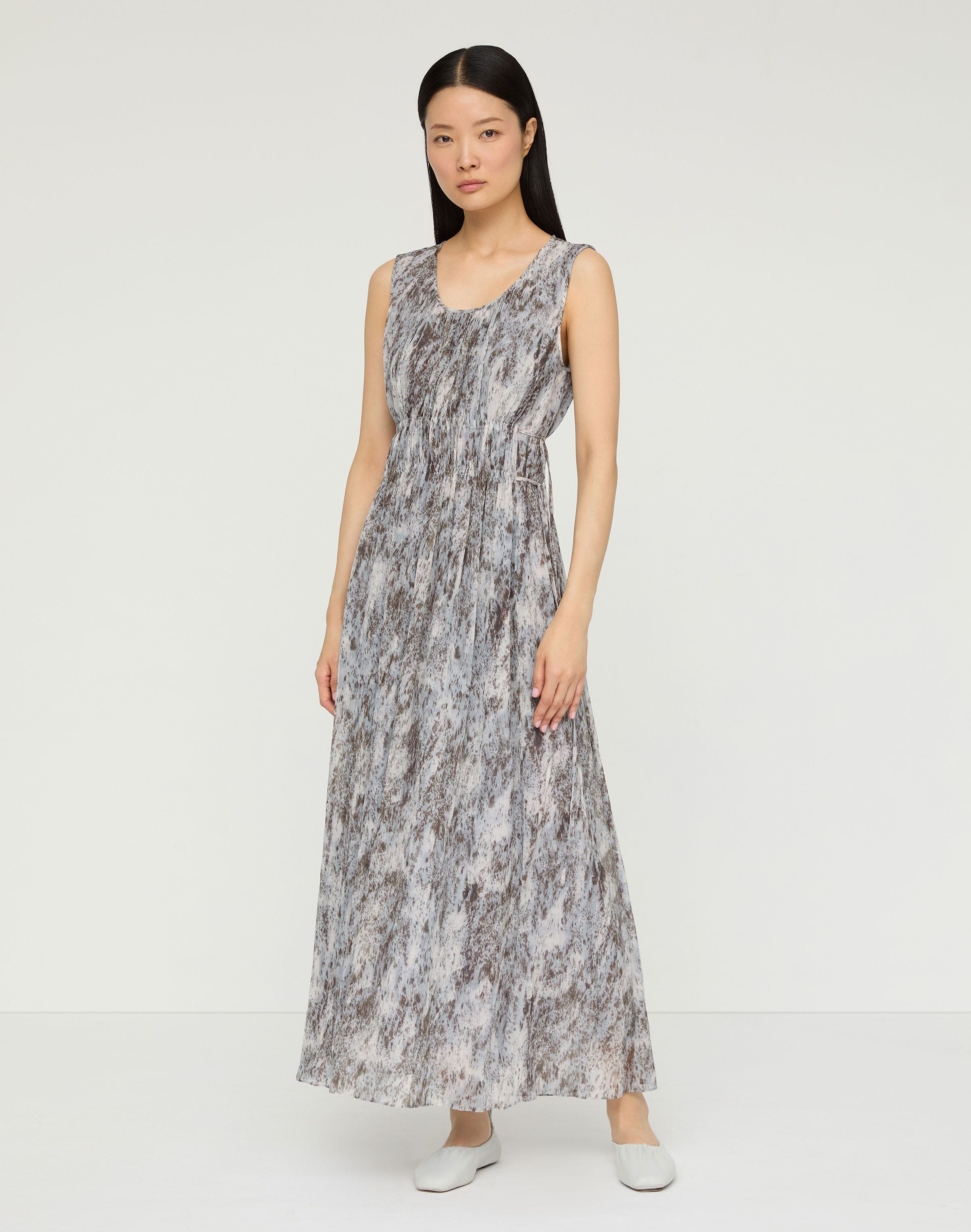 Speckled Glaze Print Georgette Sleeveless Gathered Waist Dress