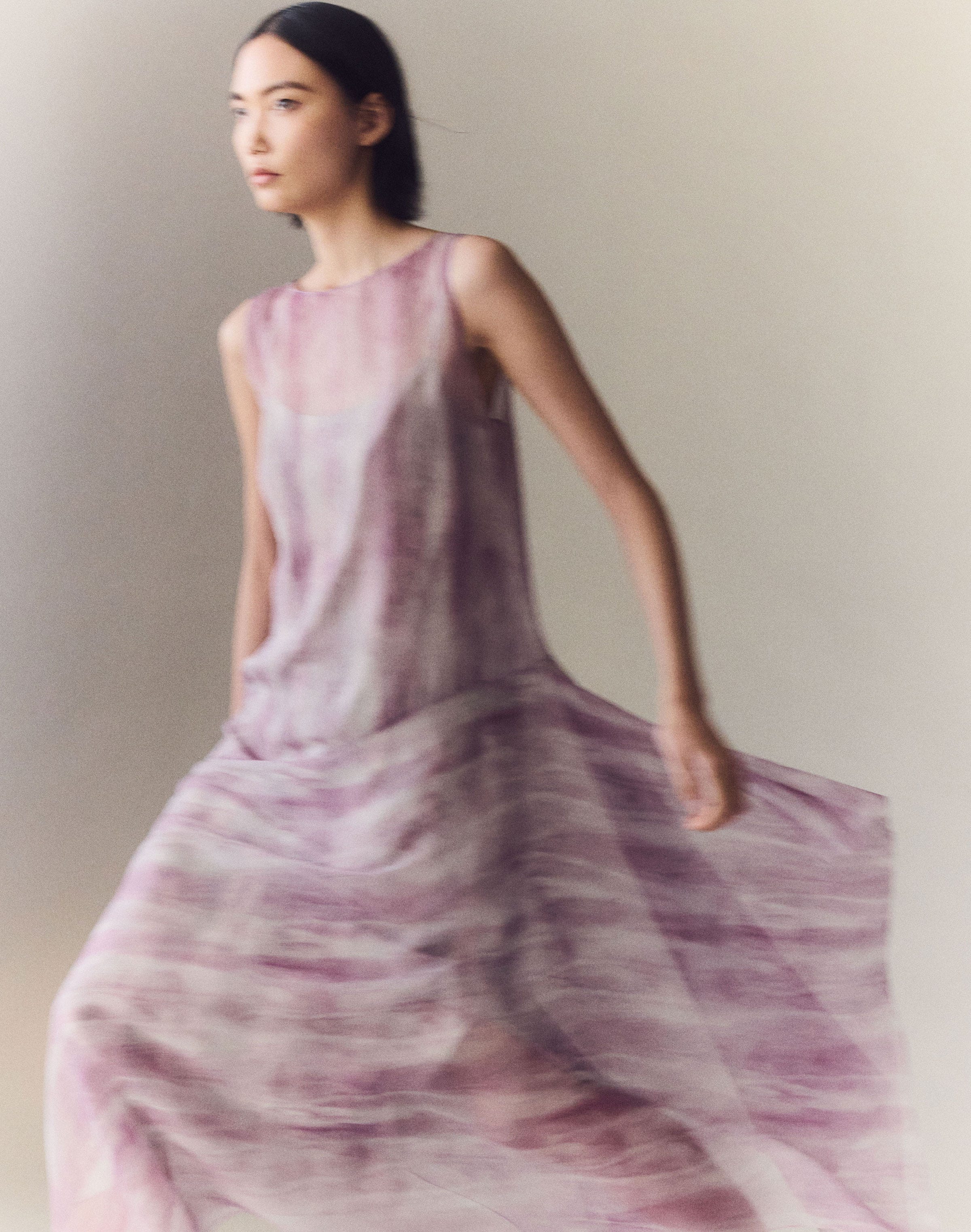 Washed Glaze Print Silk Crépon Midi Dress