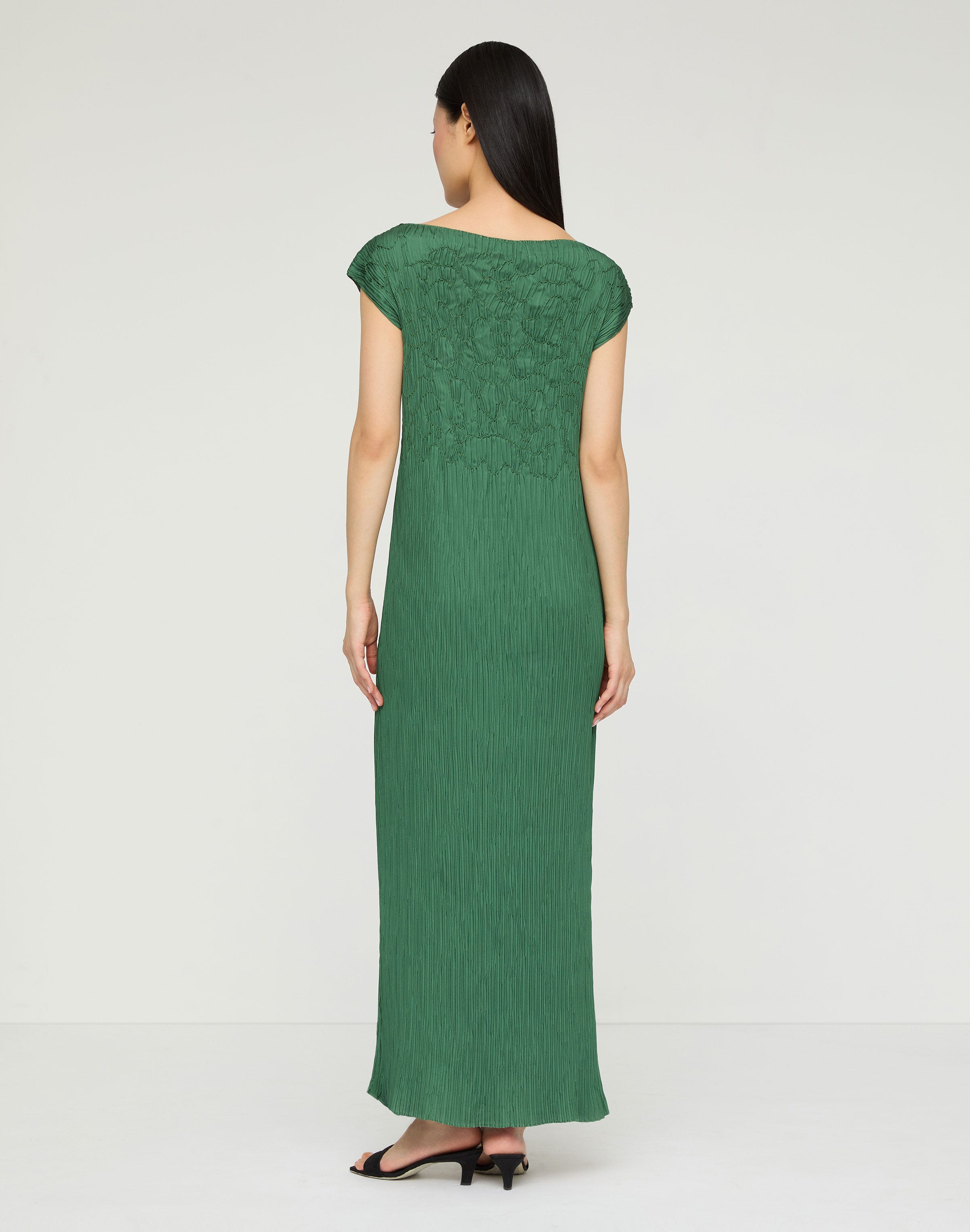 Hand Embroidered Satin Plissé Maxi Dress