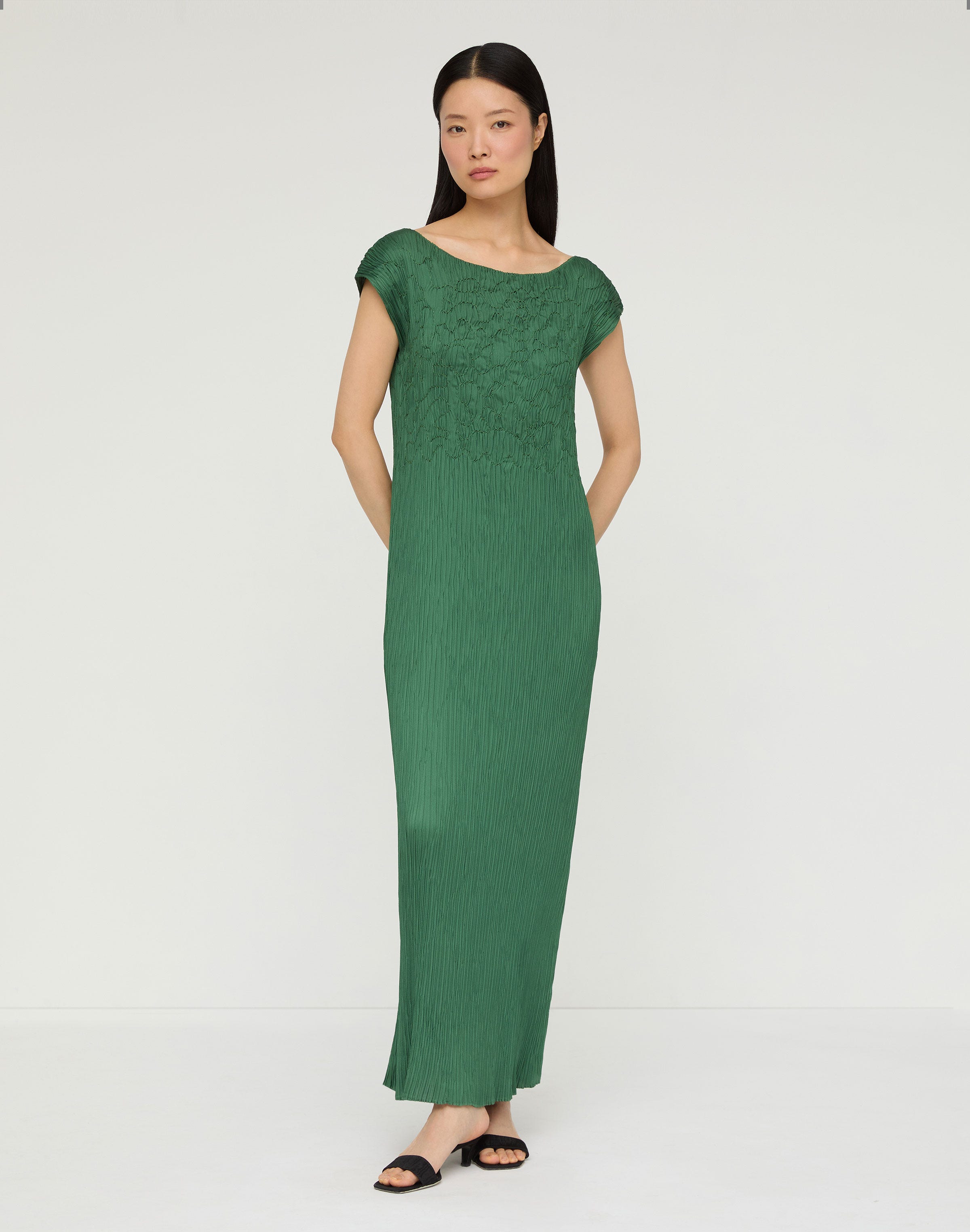 Hand Embroidered Satin Plissé Maxi Dress