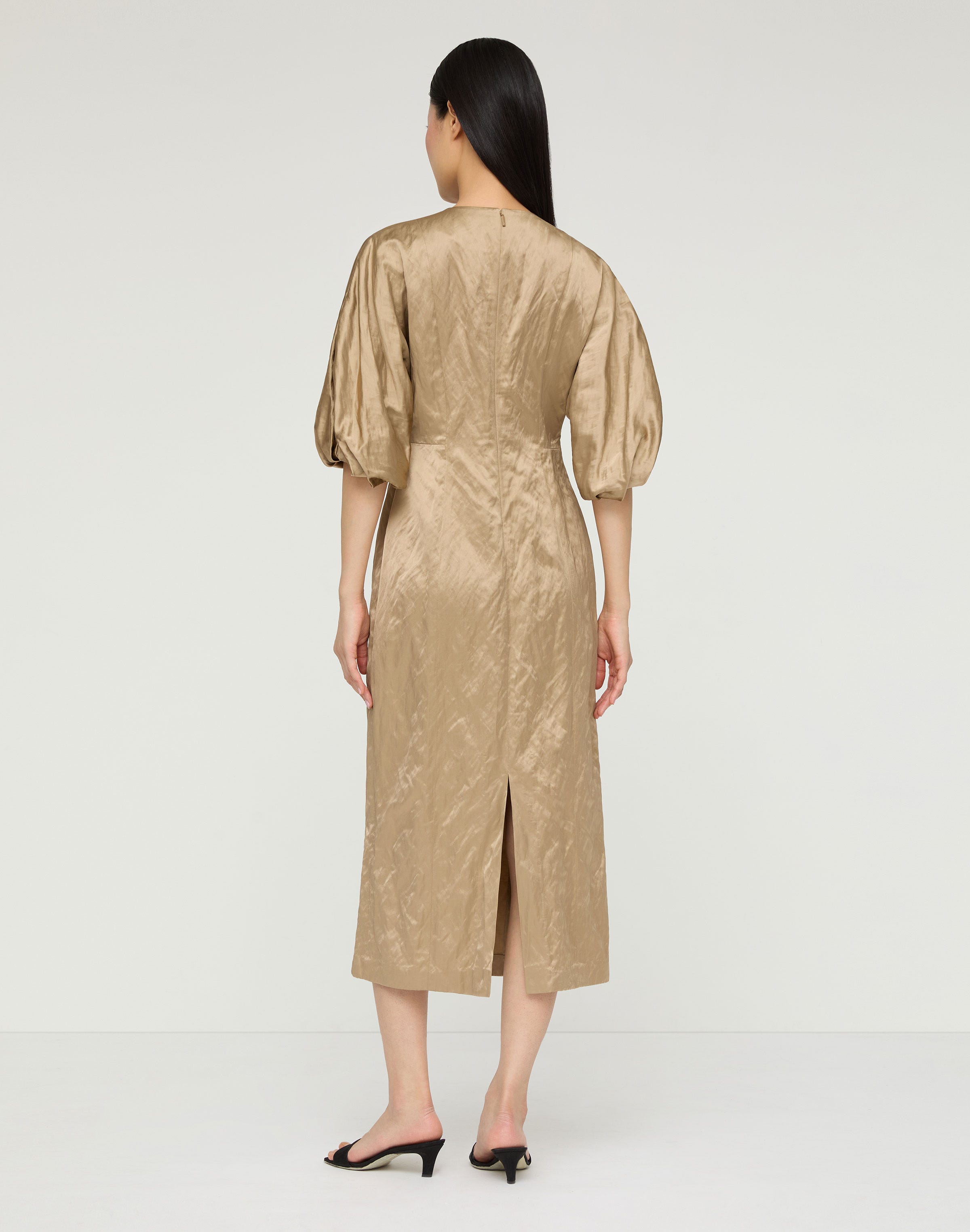 Satin Balloon Sleeve Midi Dress