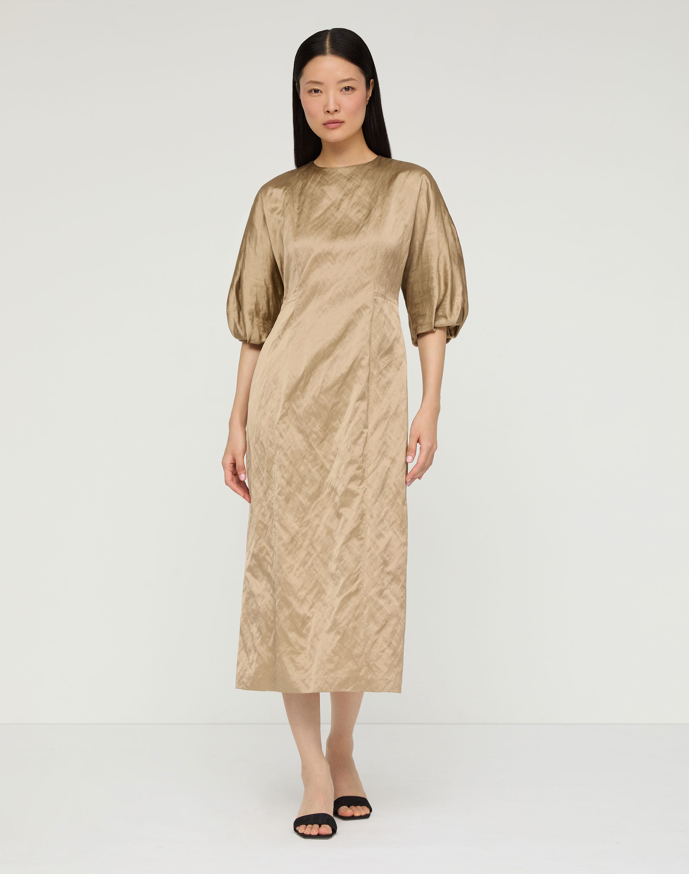 Satin Balloon Sleeve Midi Dress