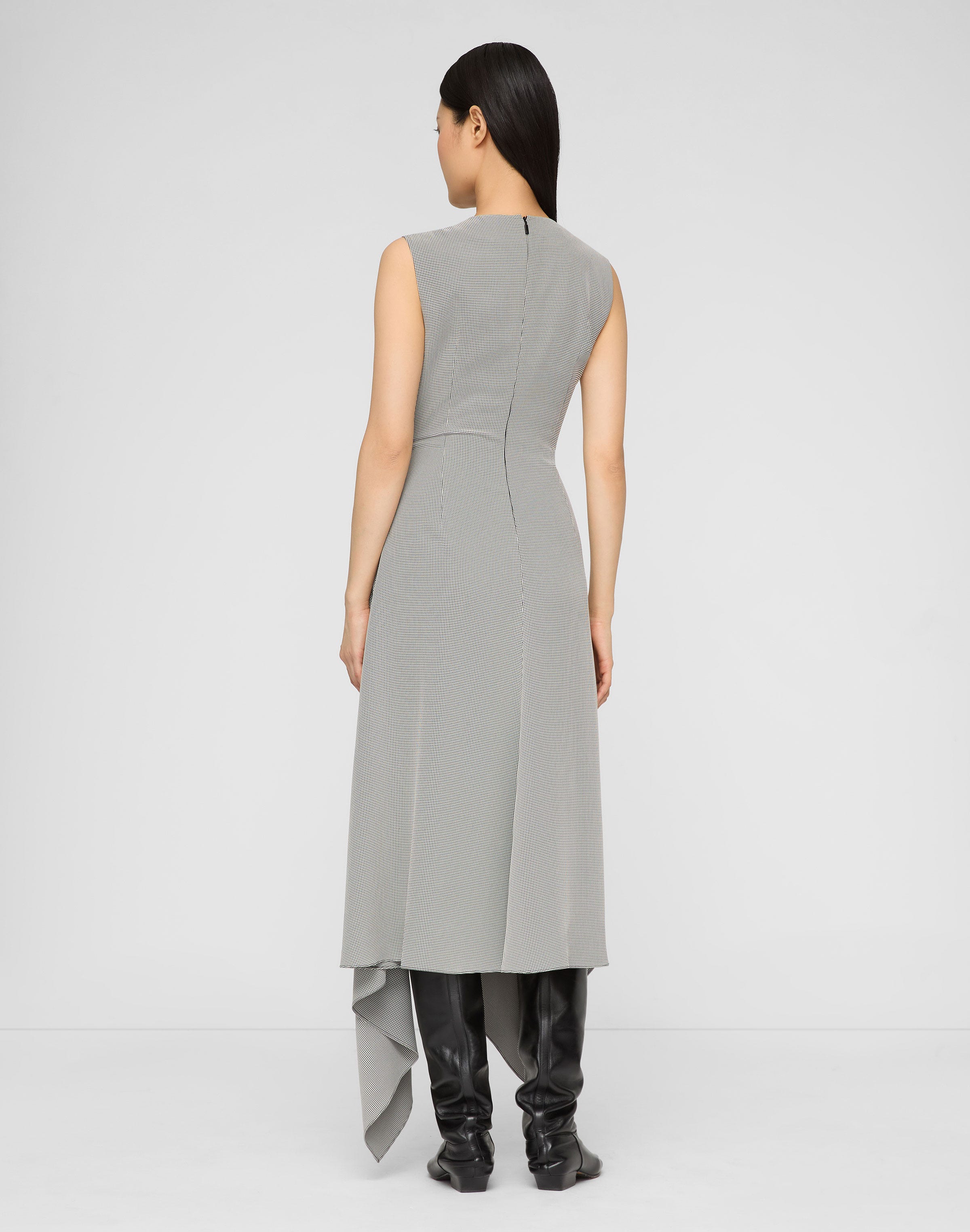 Fluid Houndstooth Jacquard Side Tie Handkerchief Midi Dress