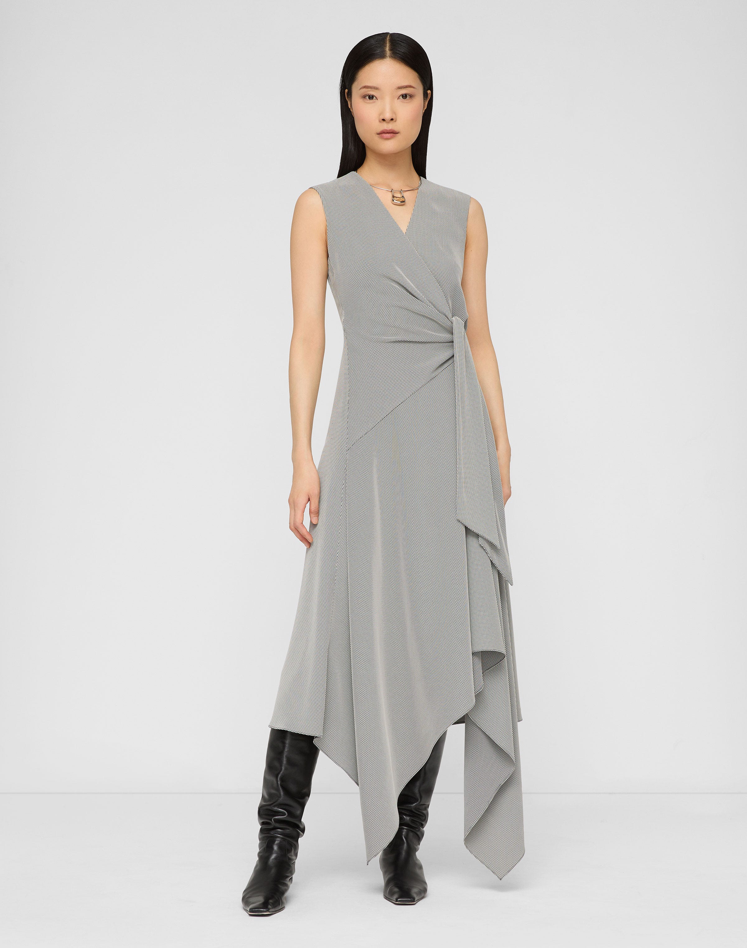 Fluid Houndstooth Jacquard Side Tie Handkerchief Midi Dress