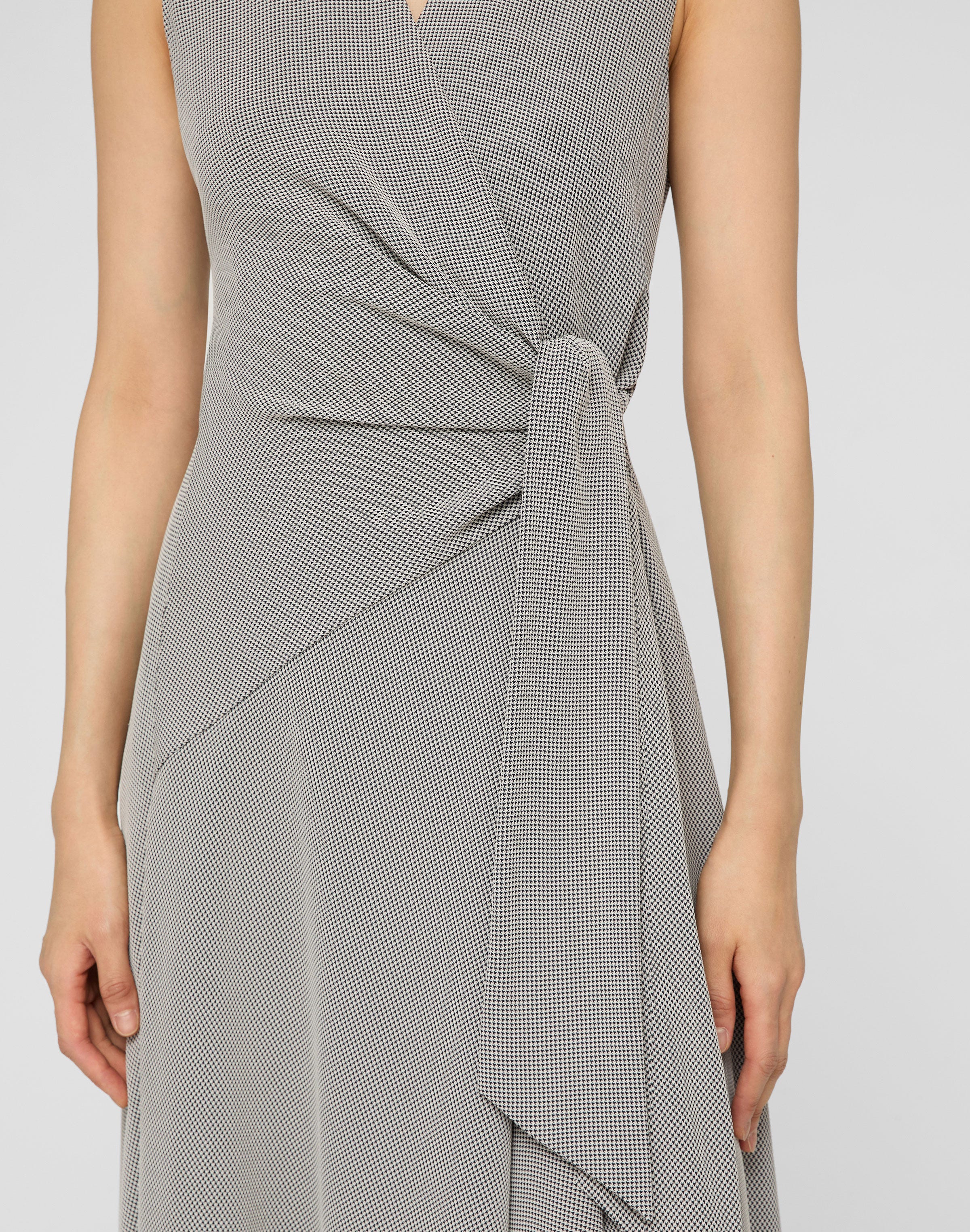 Fluid Houndstooth Jacquard Side Tie Handkerchief Midi Dress