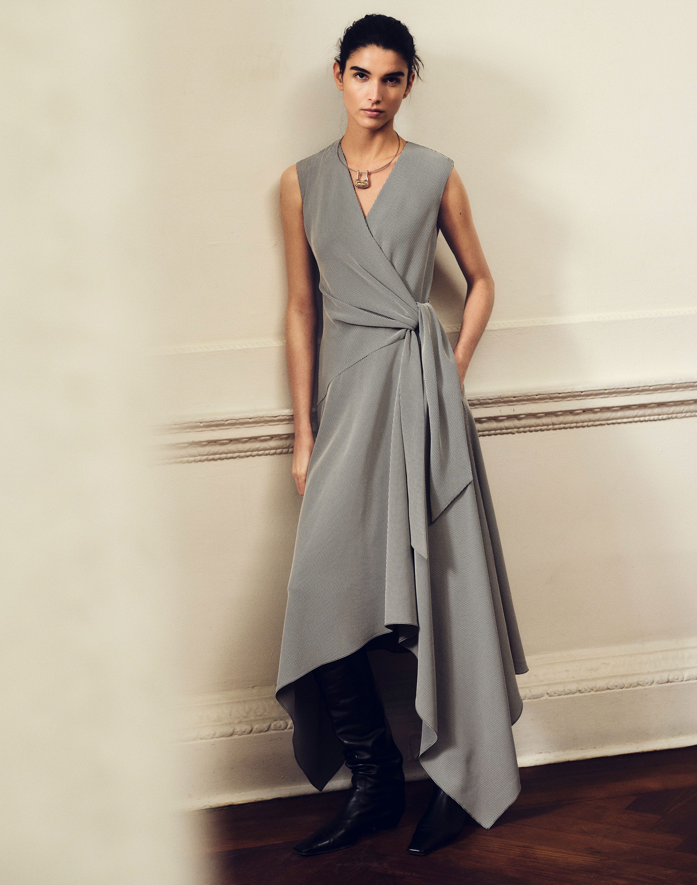 Fluid Houndstooth Jacquard Side Tie Handkerchief Midi Dress