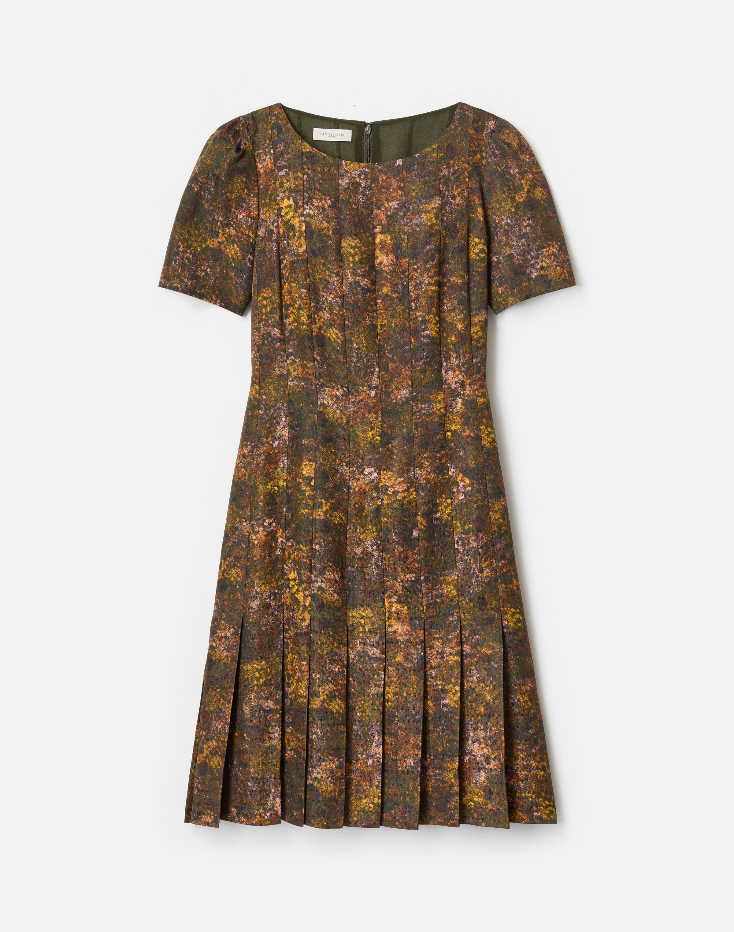 Impression Print Silk-Wool Hand Pleated Short Sleeve Dress