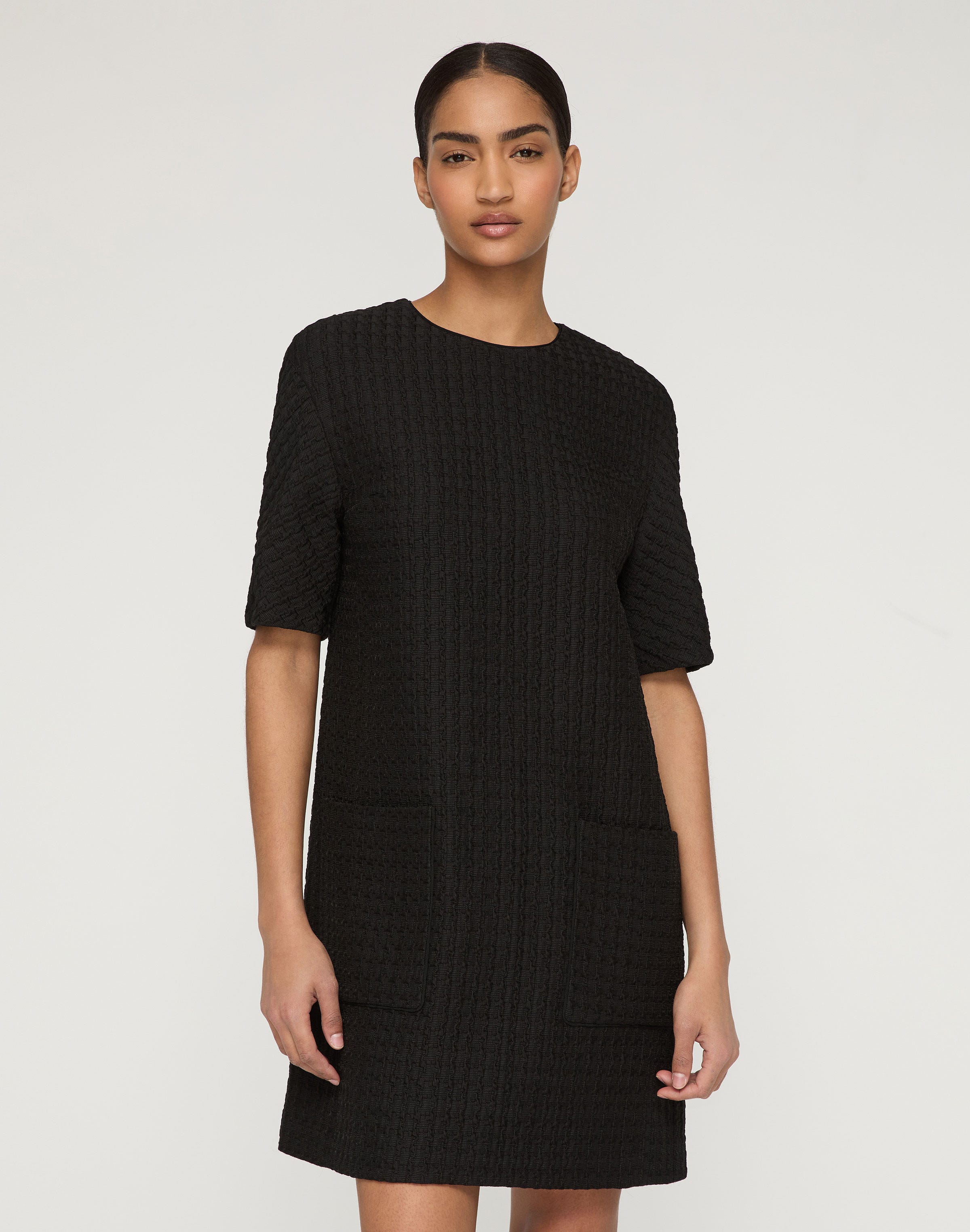 Textured Houndstooth Jacquard Patch Pocket Shift Dress