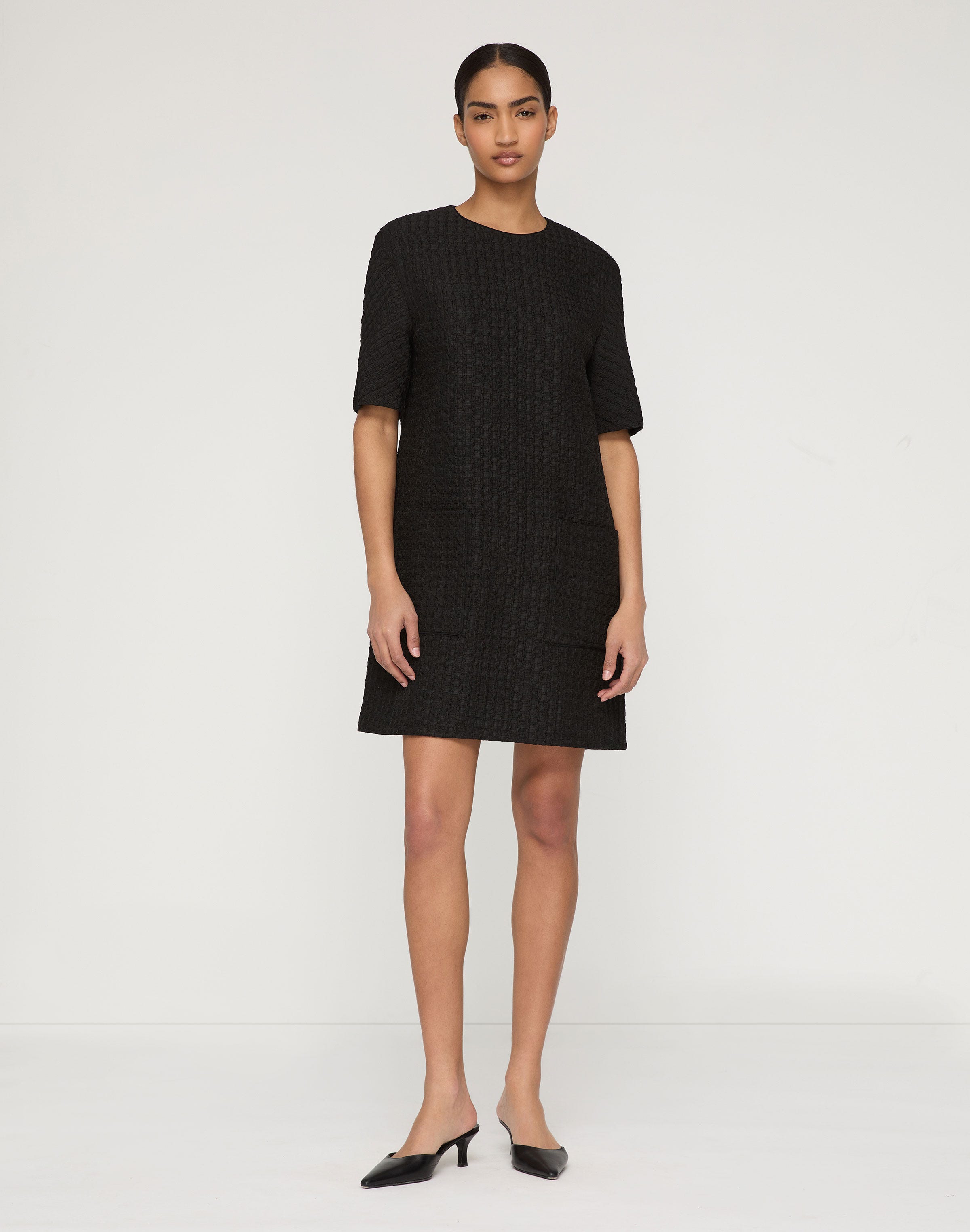 Textured Houndstooth Jacquard Patch Pocket Shift Dress