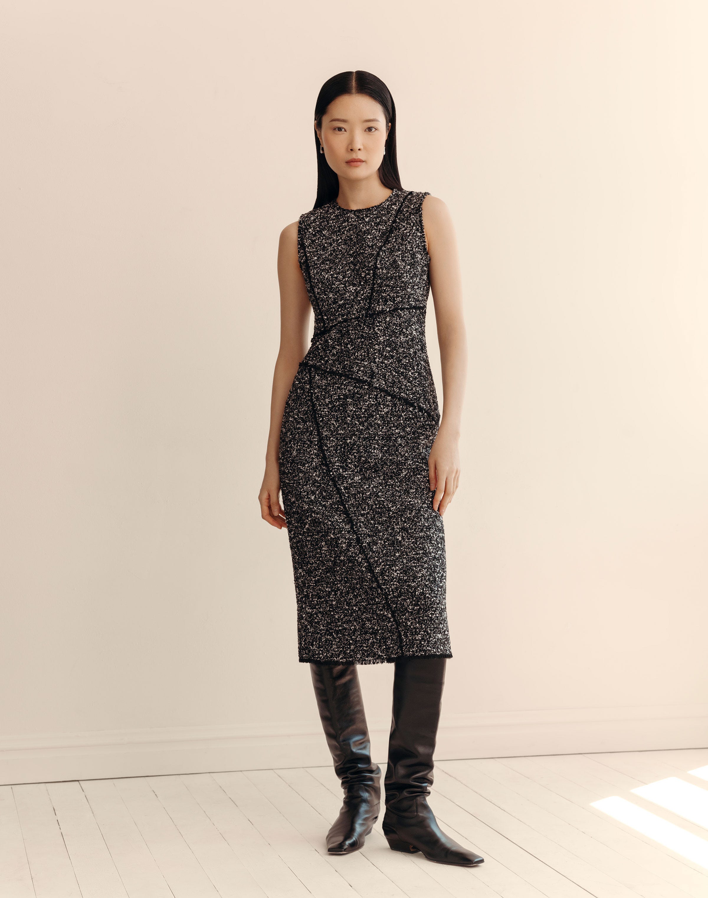 Wool-Cotton Bouclé Tweed Sleeveless Sheath Dress