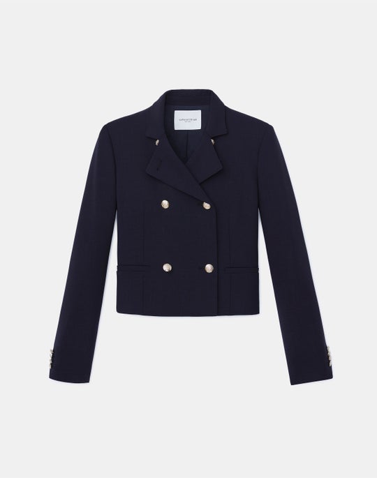 Petite Double Face Wool Double-Breasted Cropped Blazer