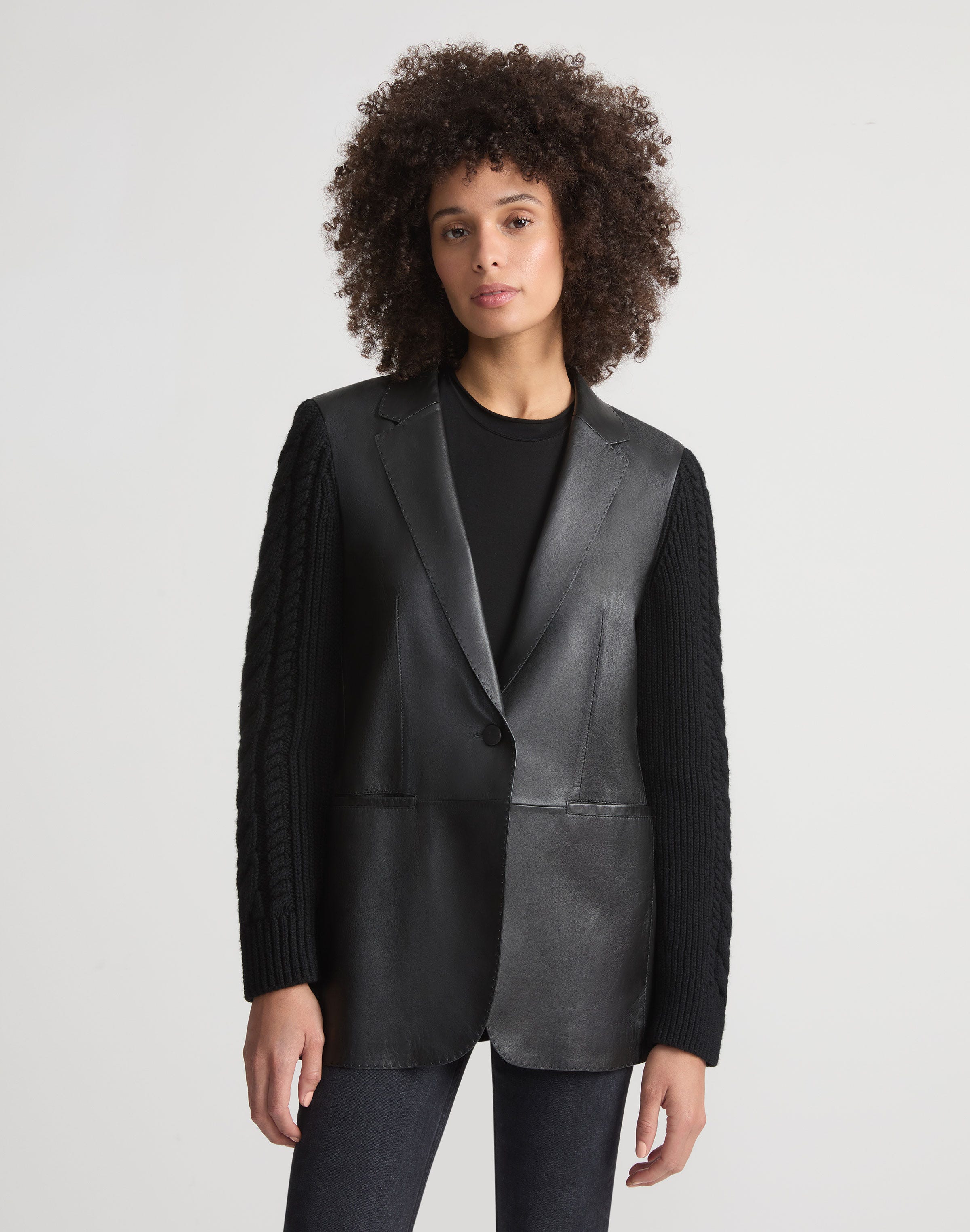 Nappa Leather & Cashmere-Silk Knit Blazer