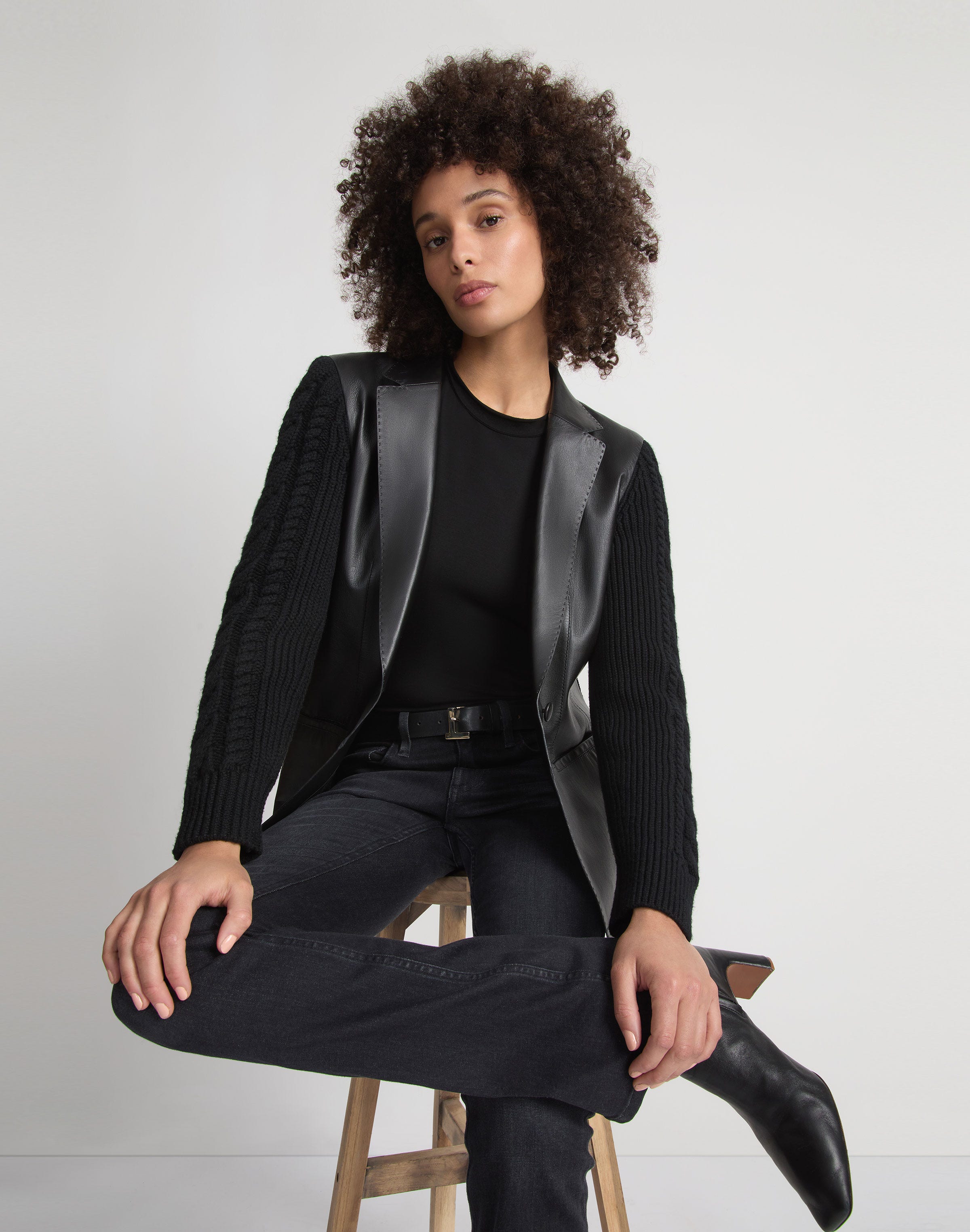 Nappa Leather & Cashmere-Silk Knit Blazer