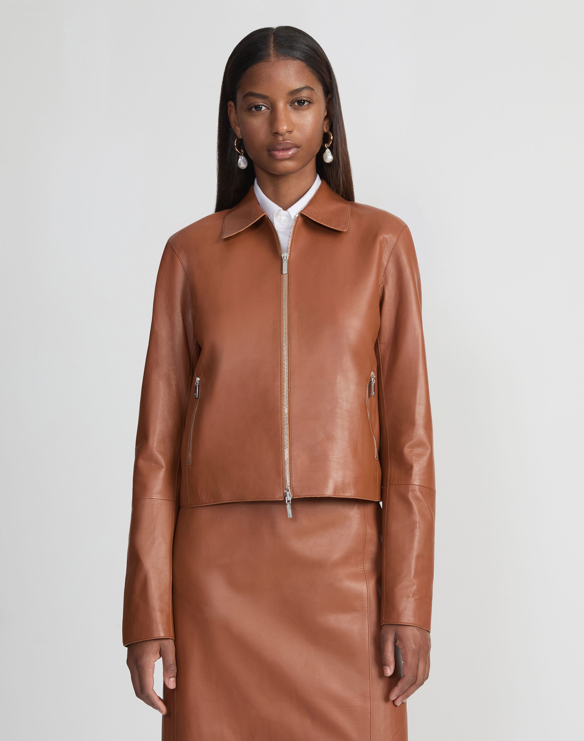 Nappa Lambskin Leather Zip Cropped Jacket