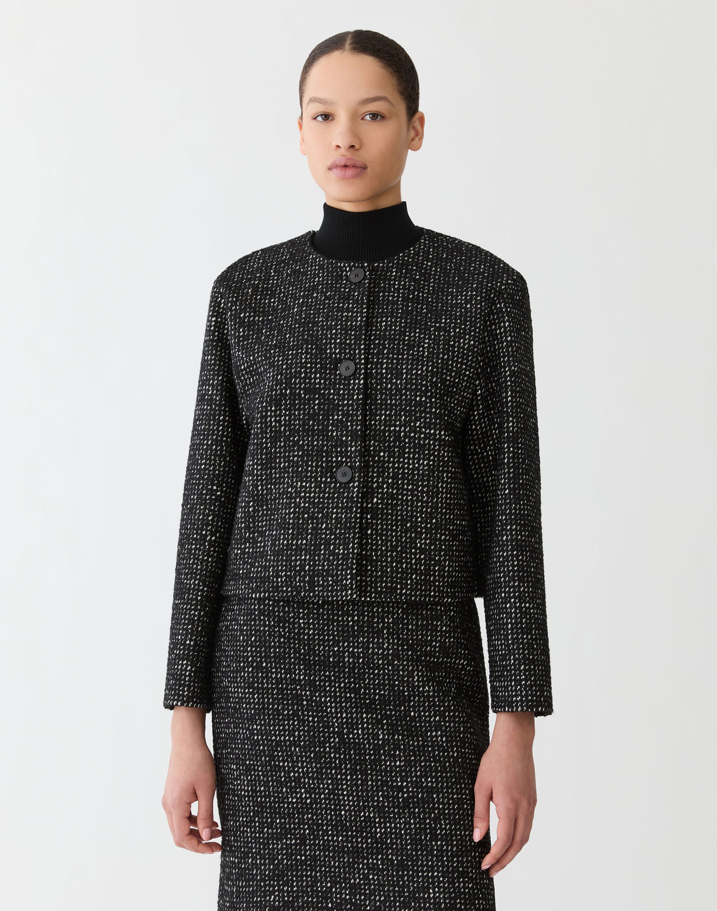 Brushed Basketweave Tweed Collarless Jacket