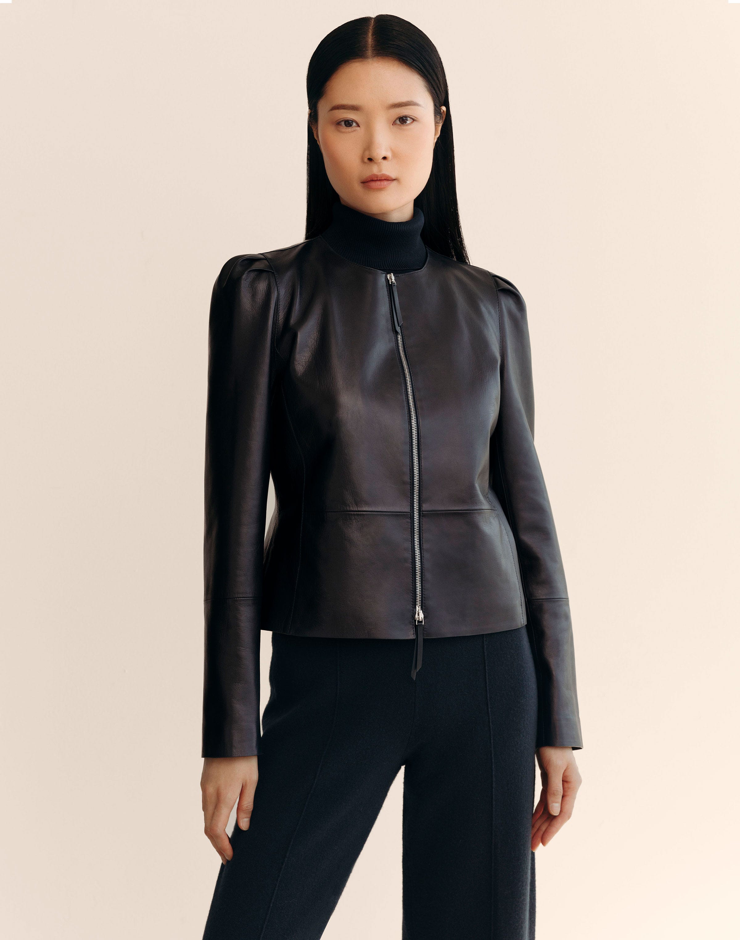 Nappa Leather Collarless Fitted Jacket