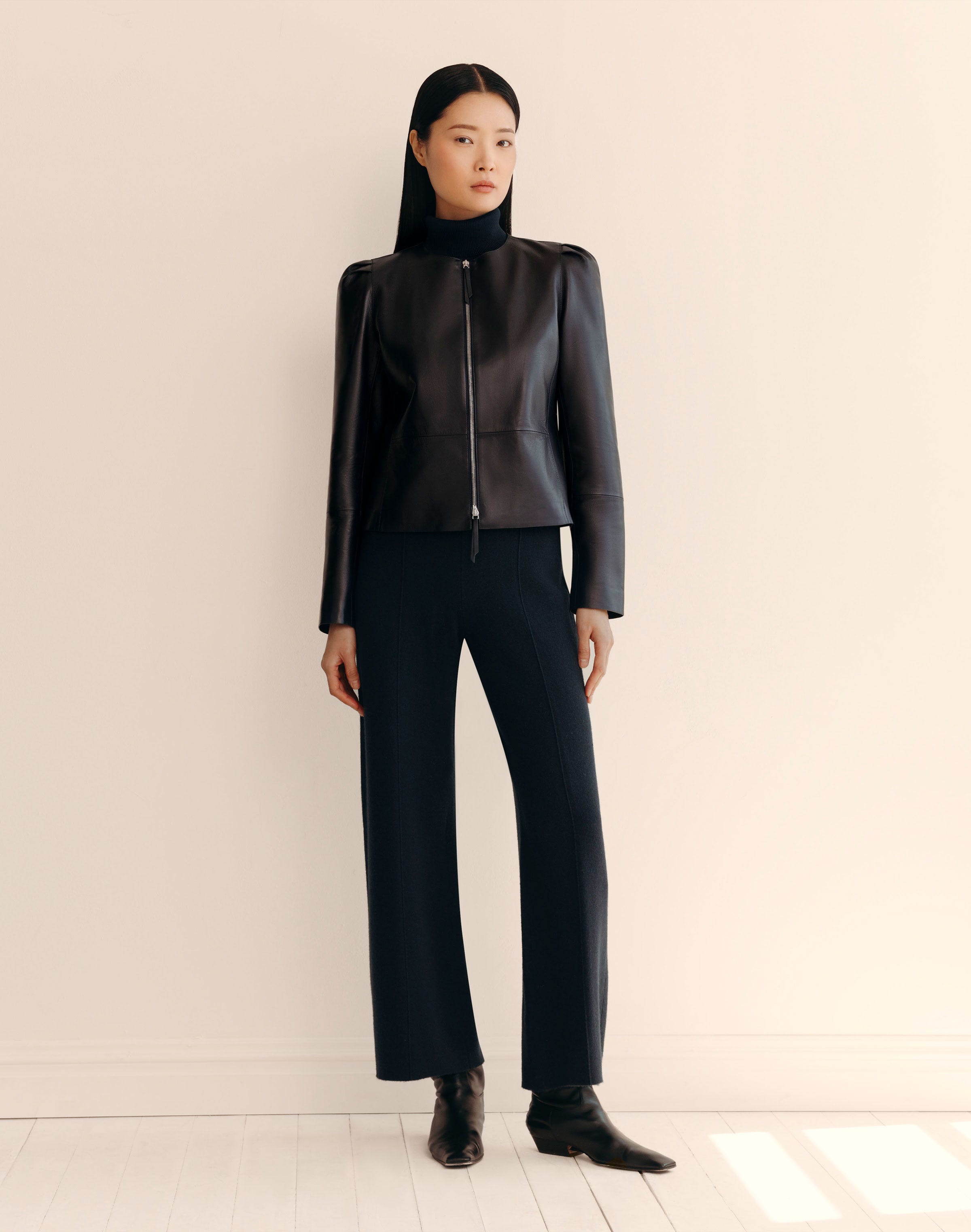 Nappa Leather Collarless Fitted Jacket