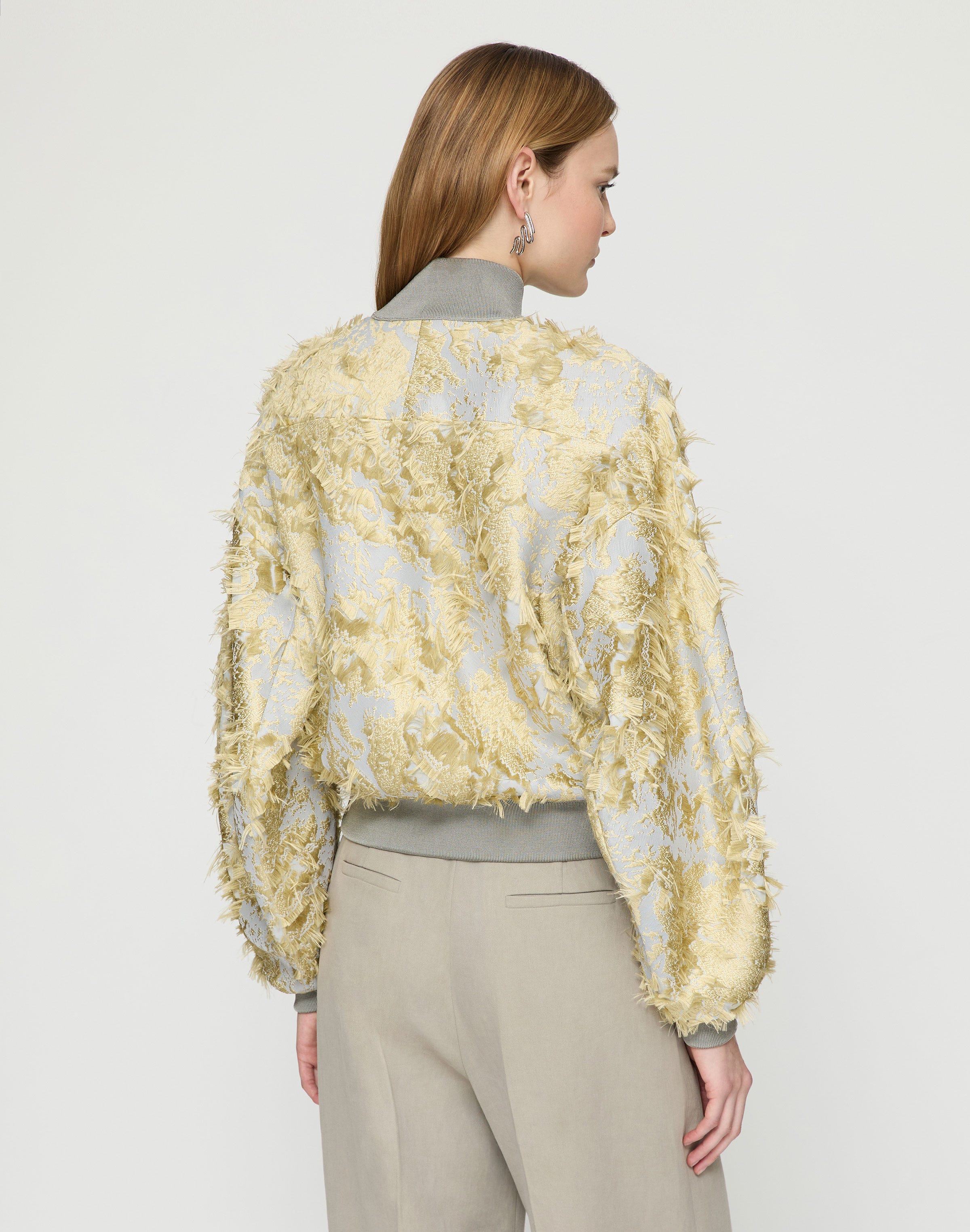 Pastel Dust Fringe Jacquard Dolman Sleeve Bomber 