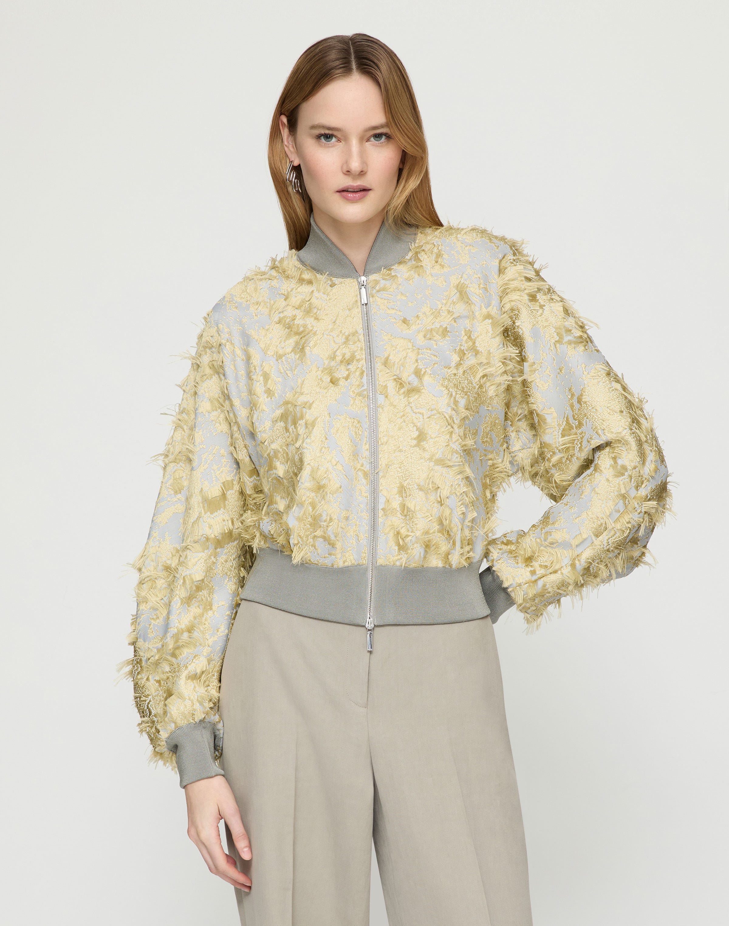 Pastel Dust Fringe Jacquard Dolman Sleeve Bomber 