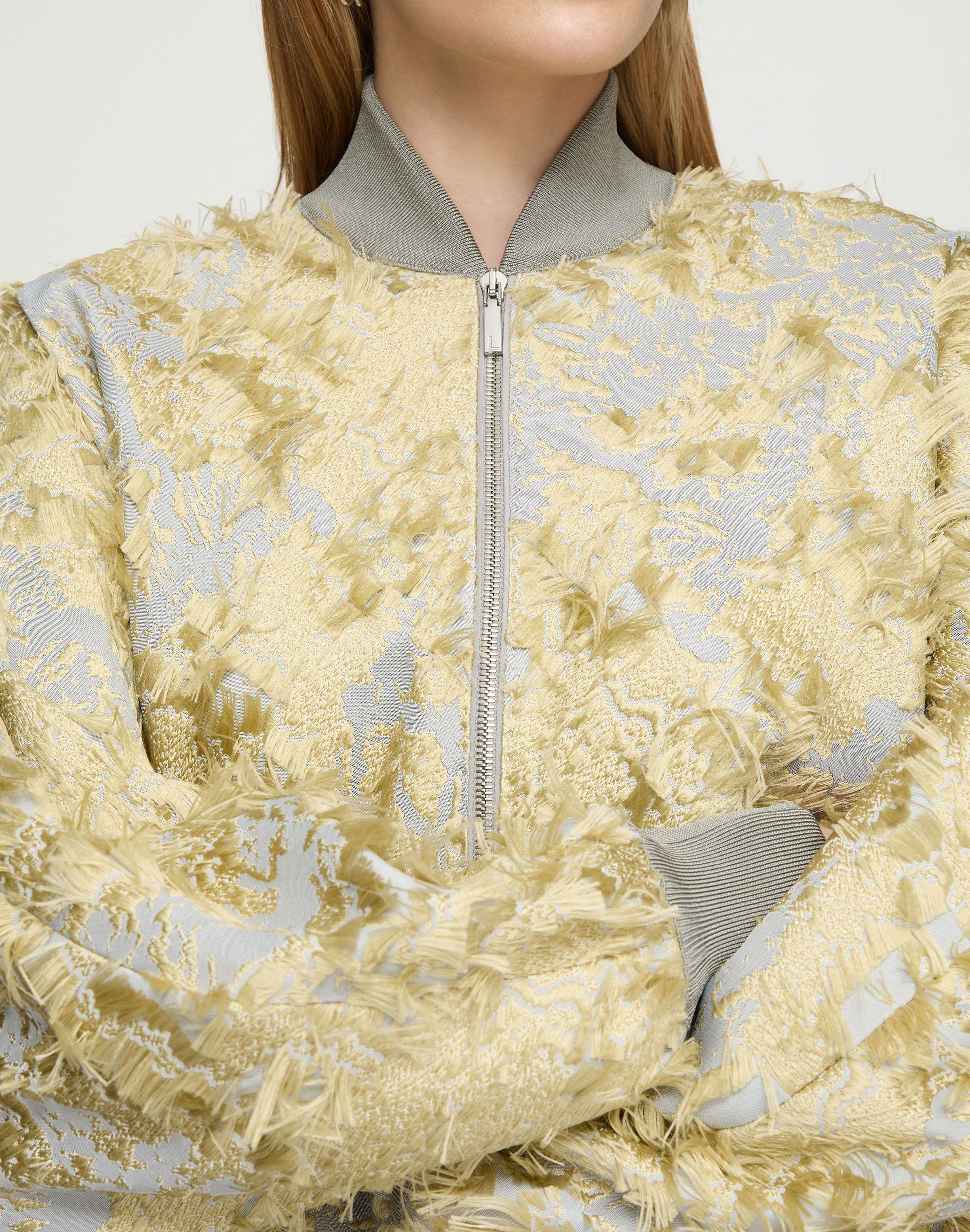 Pastel Dust Fringe Jacquard Dolman Sleeve Bomber 
