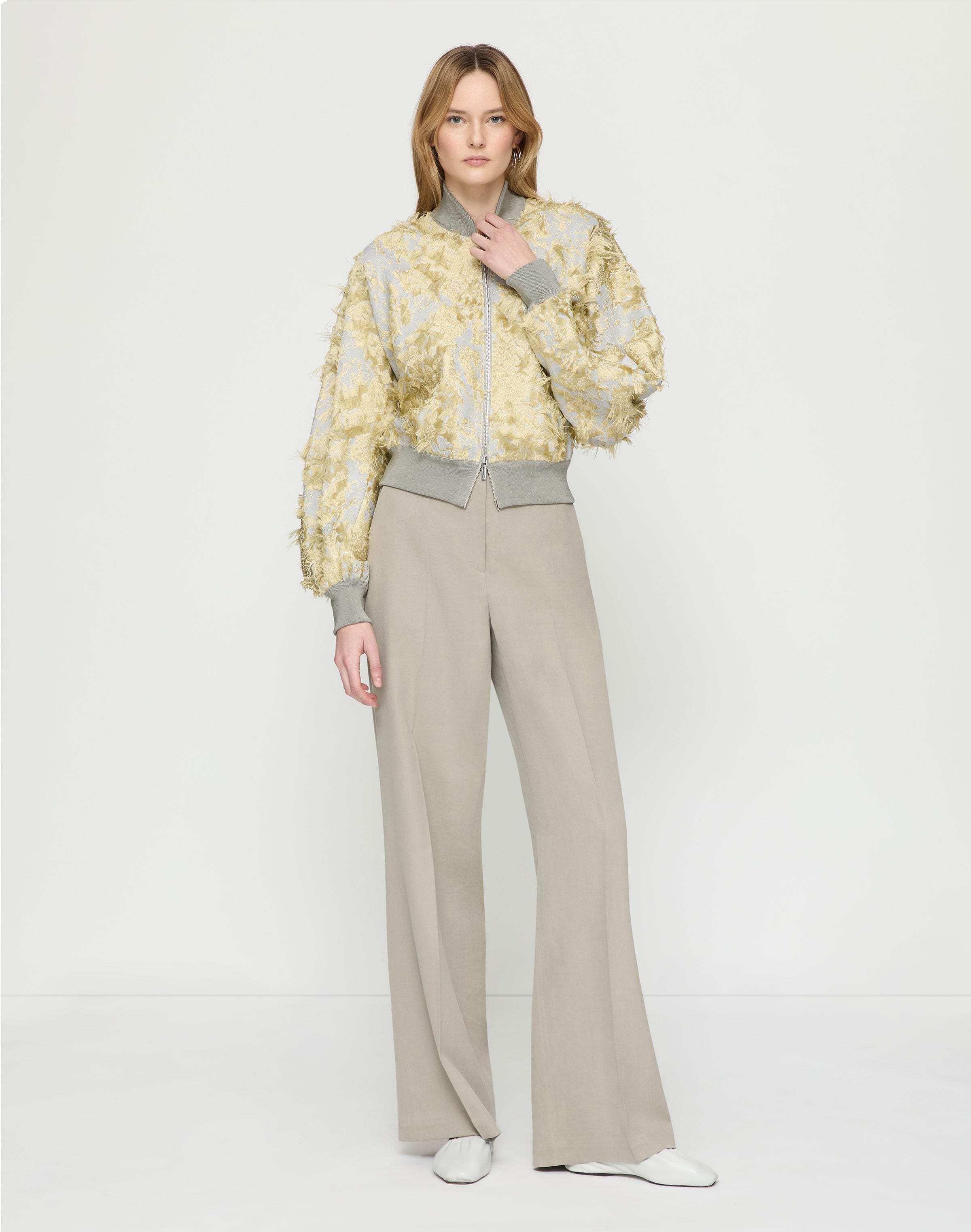 Pastel Dust Fringe Jacquard Dolman Sleeve Bomber 