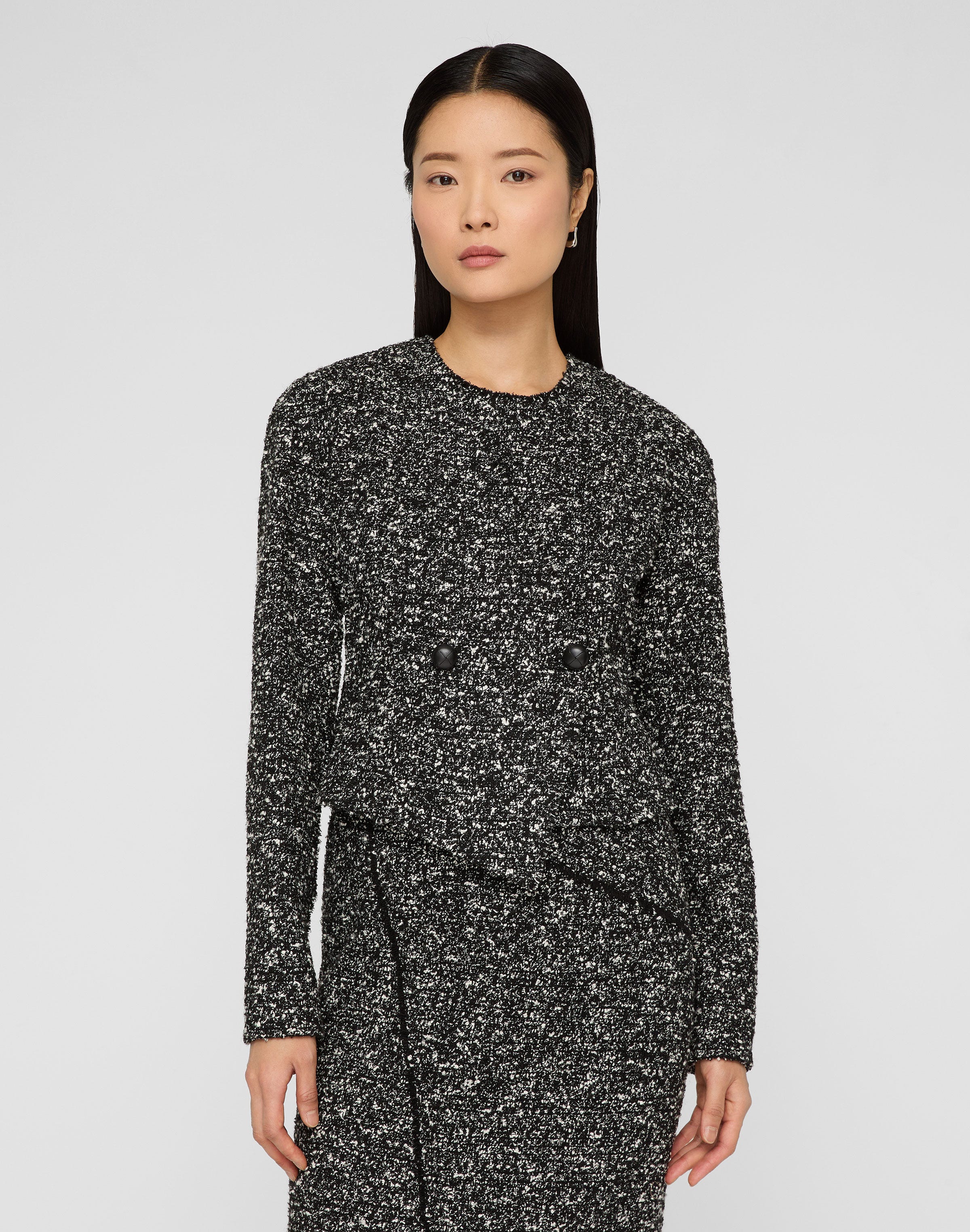 Wool-Cotton Bouclé Tweed Asymmetric Fitted Jacket