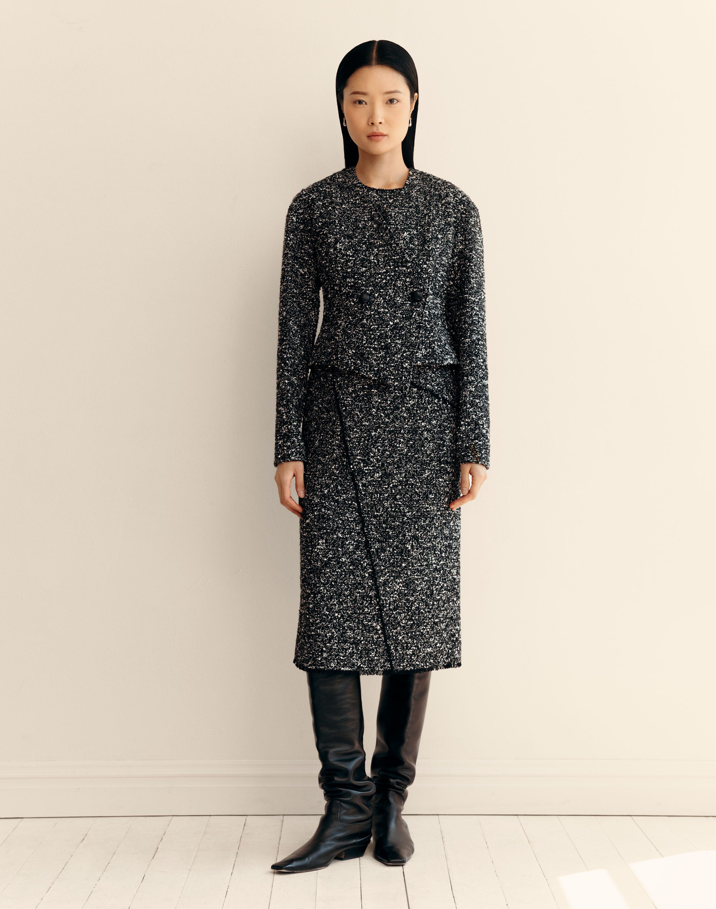 Wool-Cotton Bouclé Tweed Asymmetric Fitted Jacket
